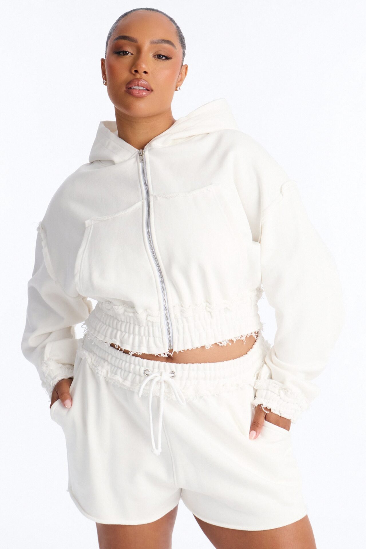 Avery French Terry Zip Up Short Set - White