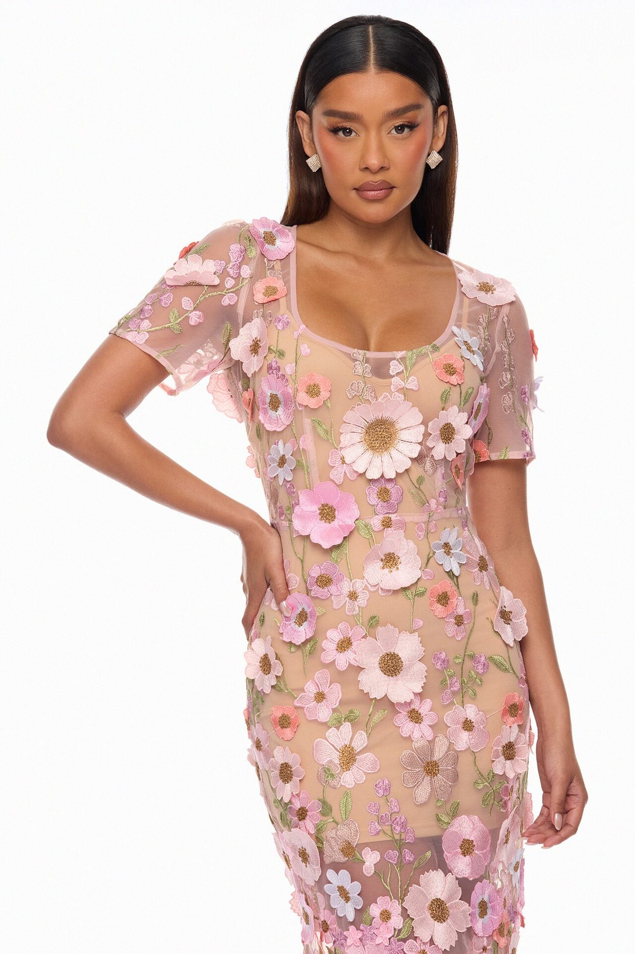 Rosewood Floral Embroidered Mesh Midi Dress - Pink/combo