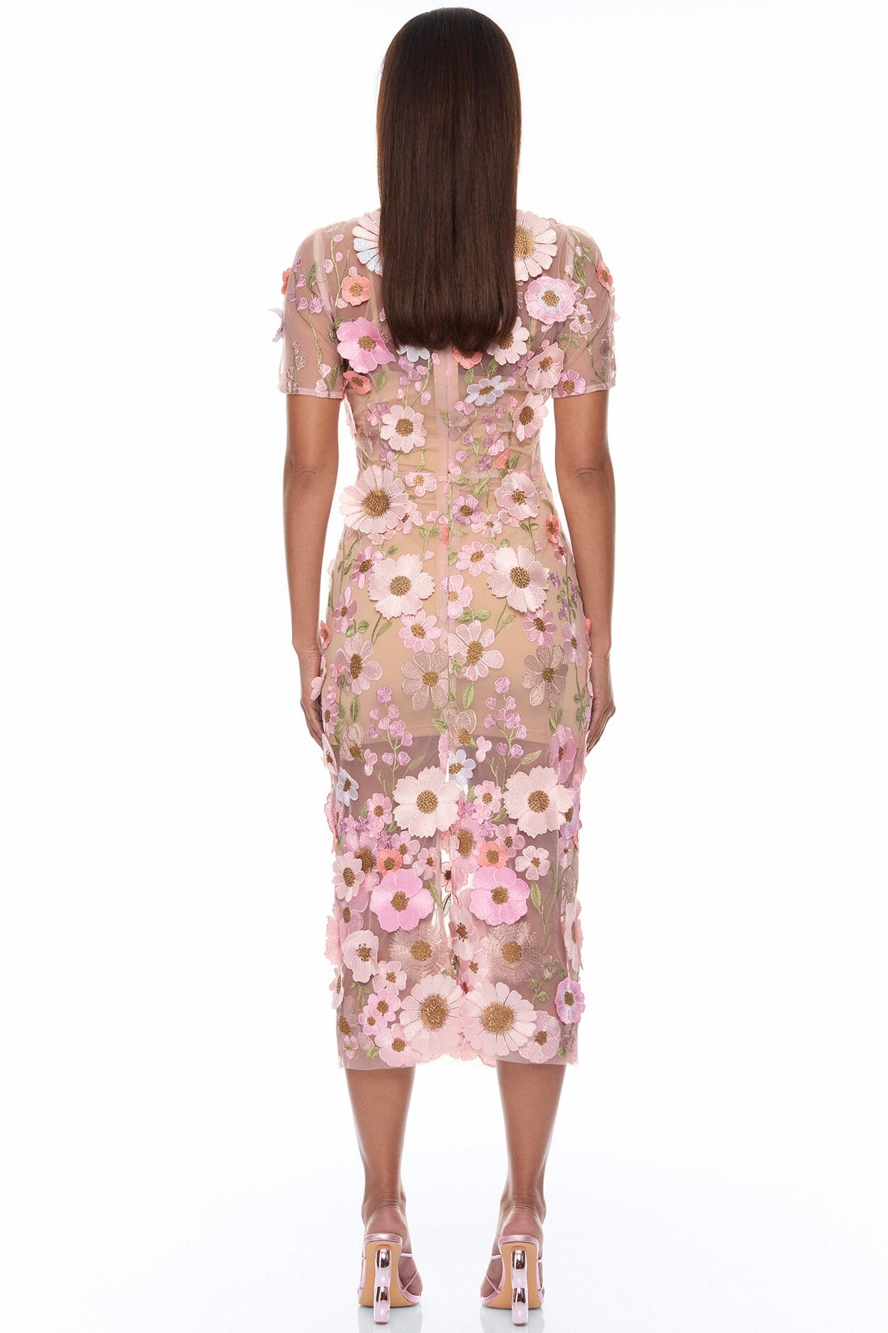 Rosewood Floral Embroidered Mesh Midi Dress - Pink/combo
