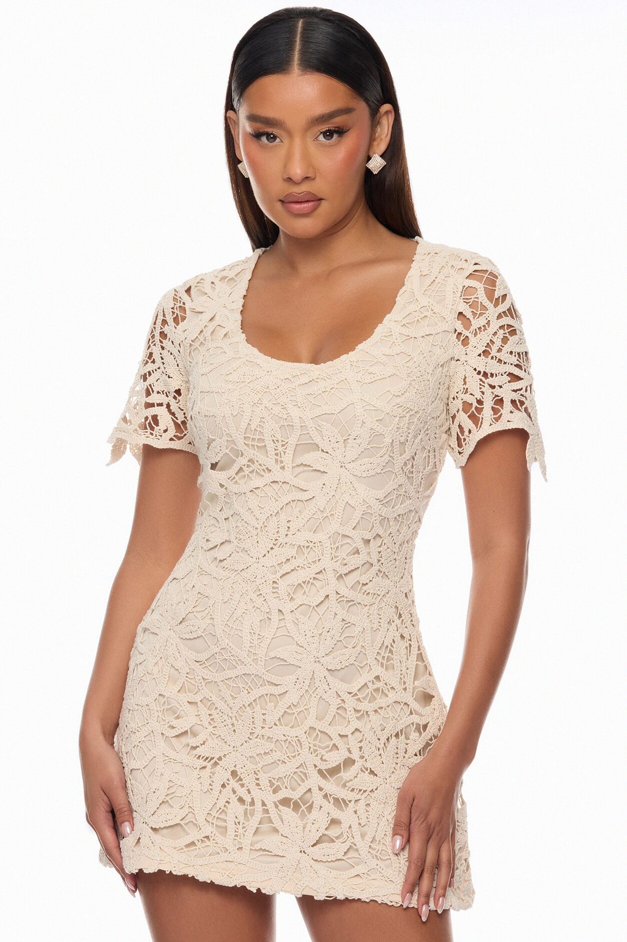 Liliana Short Sleeve Crochet Mini Dress - Sand