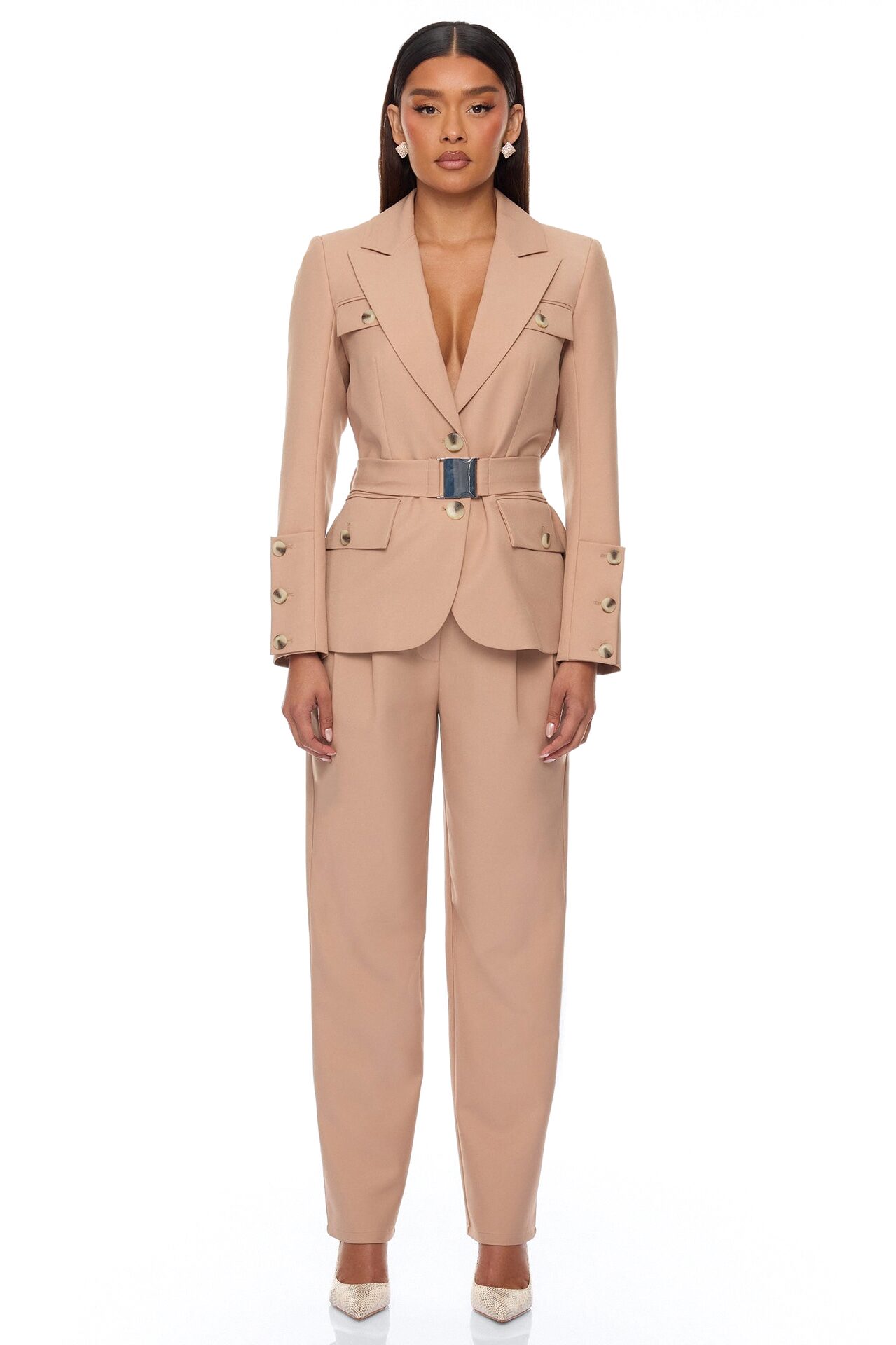 Isabella Belted Pant Set - Nude