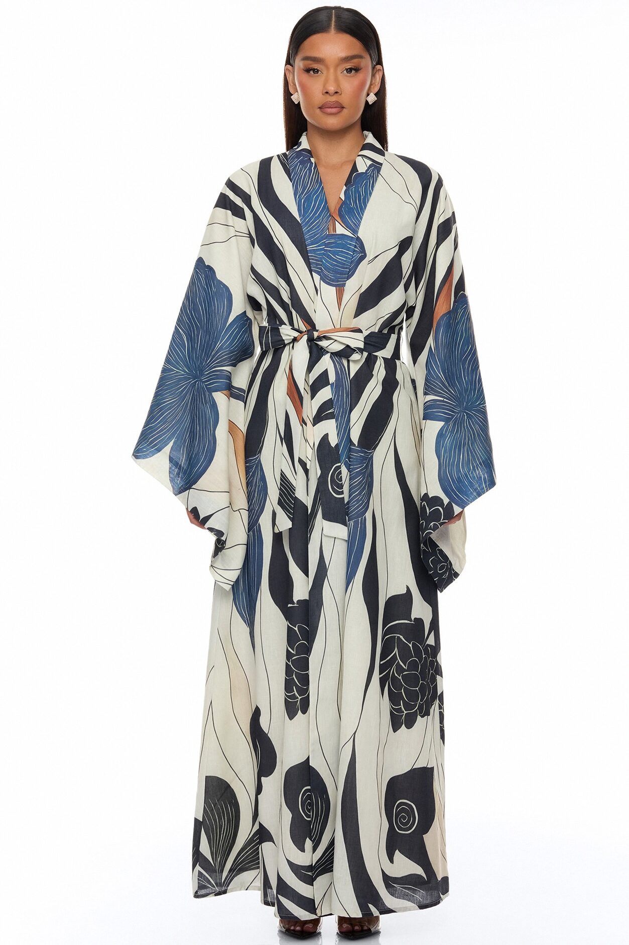 Daniella Bell Sleeve Linen Kimono - Navy/combo
