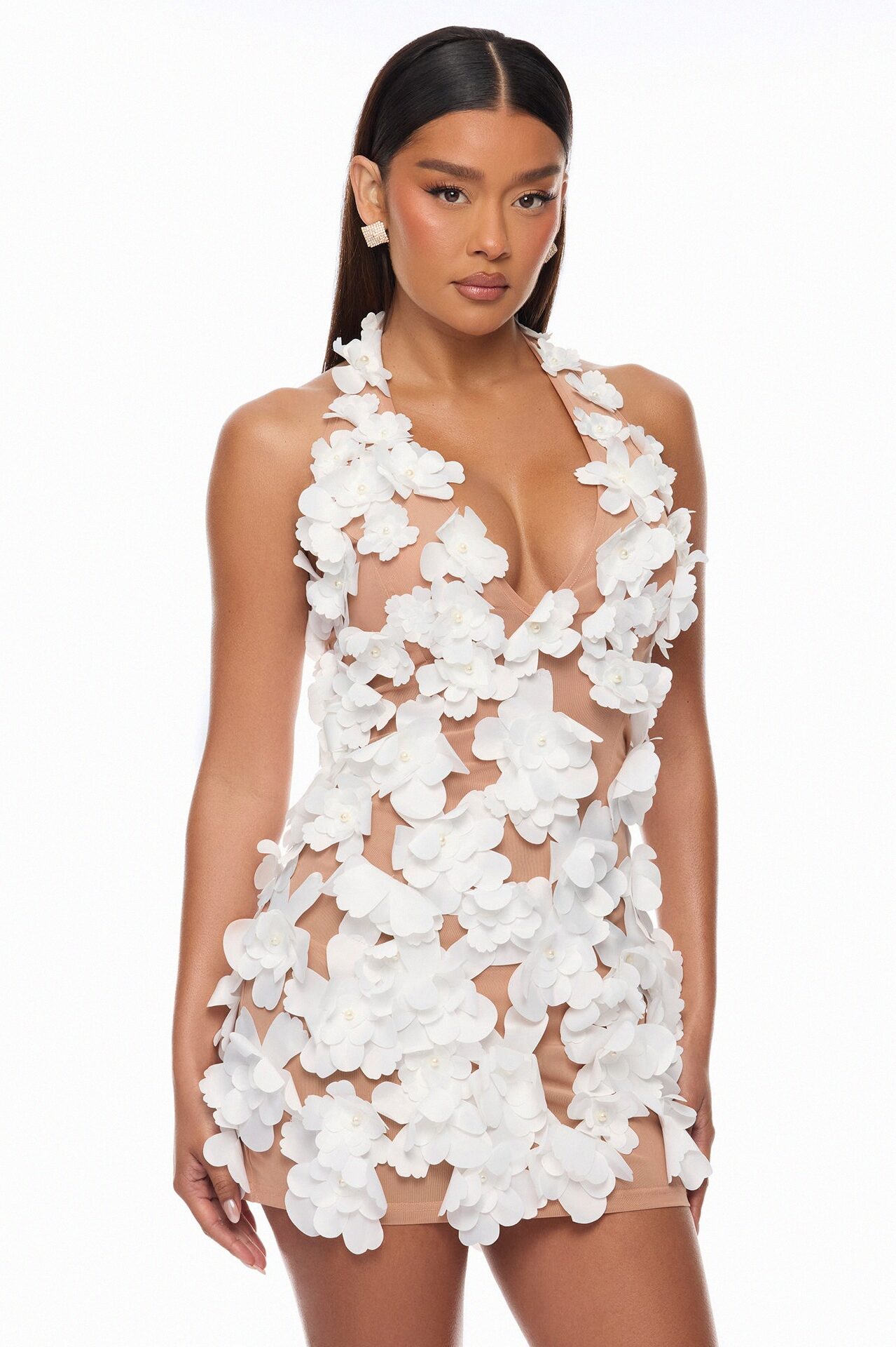 Forbidden Garden Floral Applique Mini Dress - White