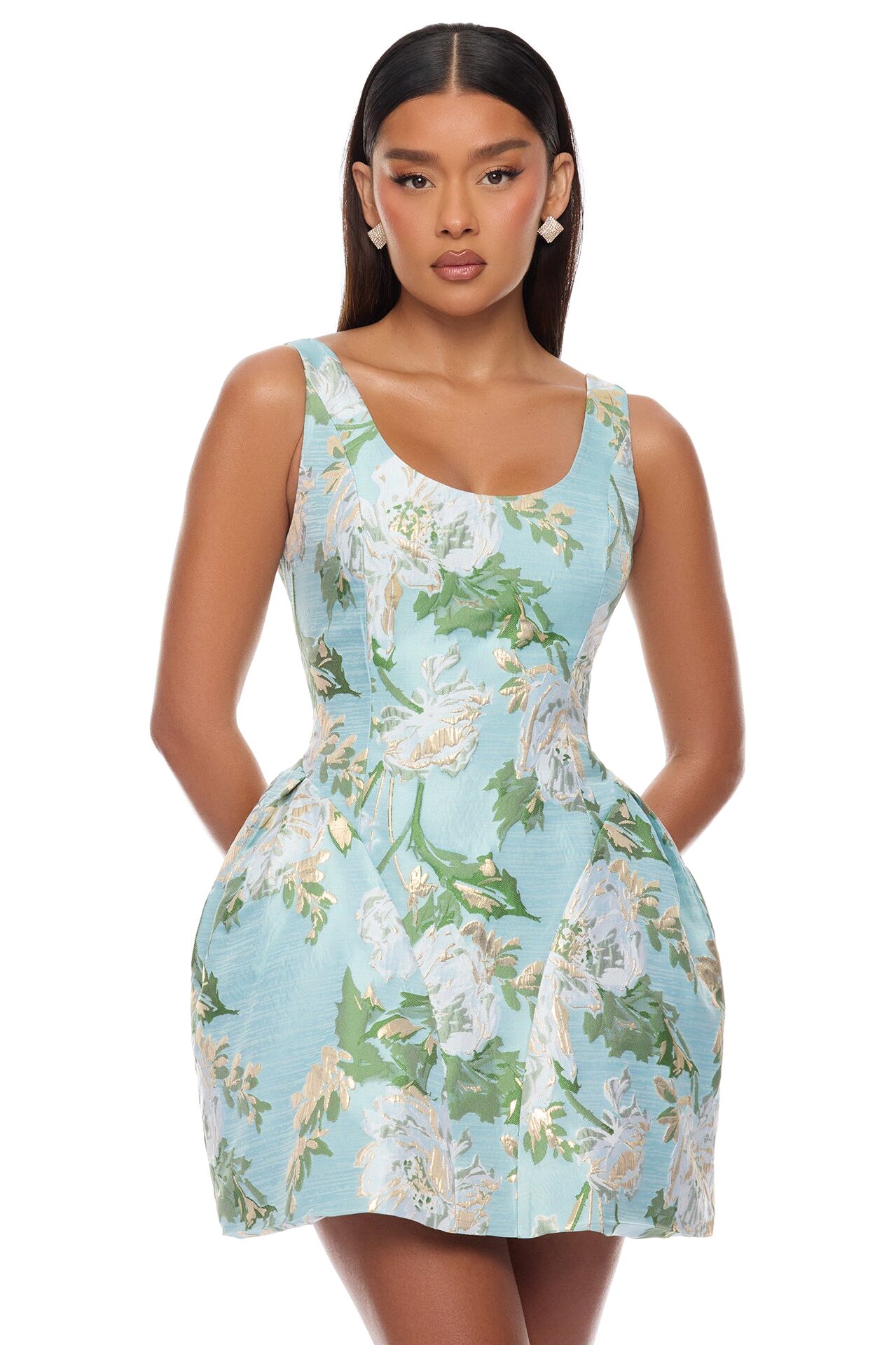 Alicia Drop Waist Jacquard Mini Dress - Blue/combo
