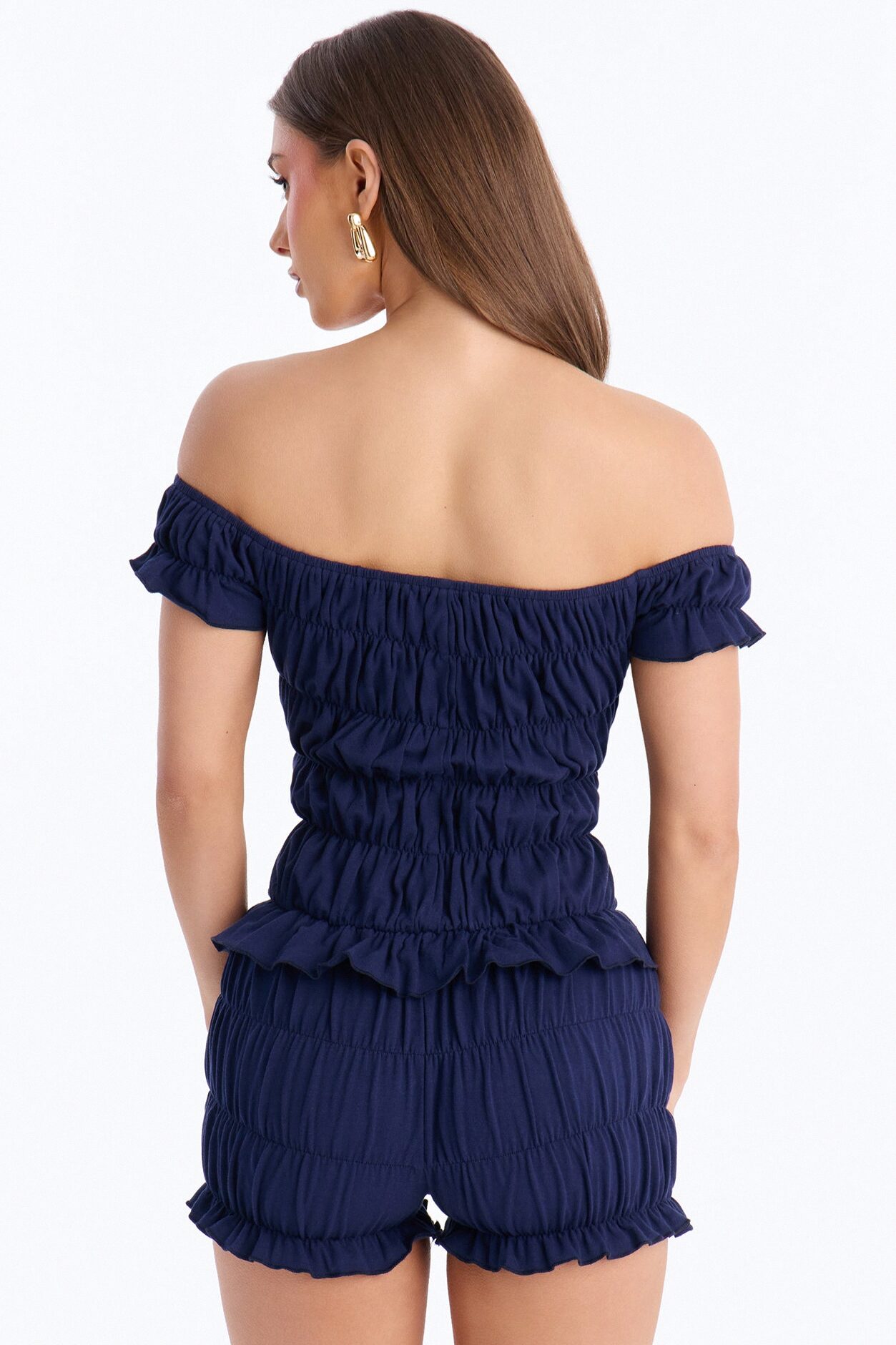 Cece Off Shoulder Ruffle Micro Romper - Navy