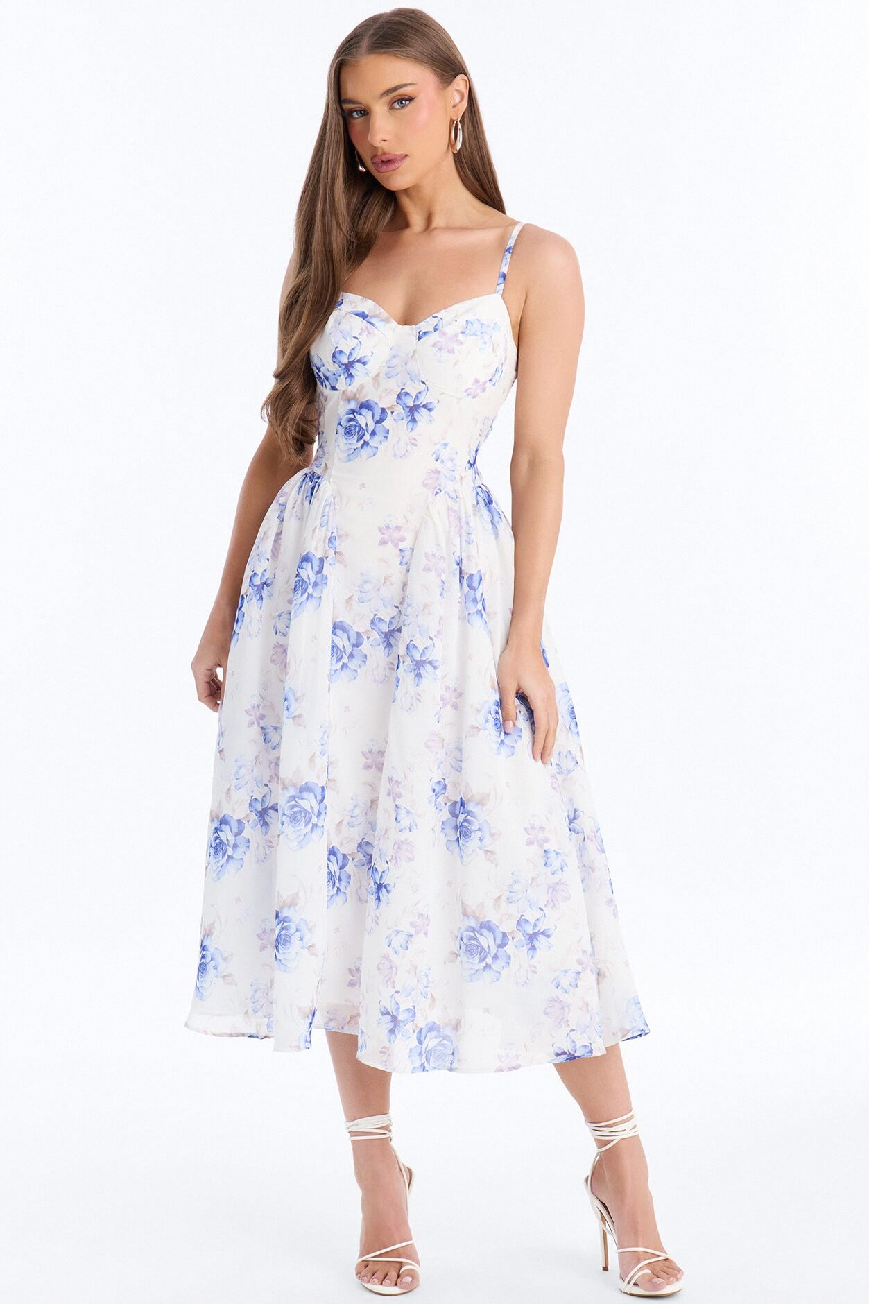 Ariana Floral Chiffon Midi Dress - White/Blue