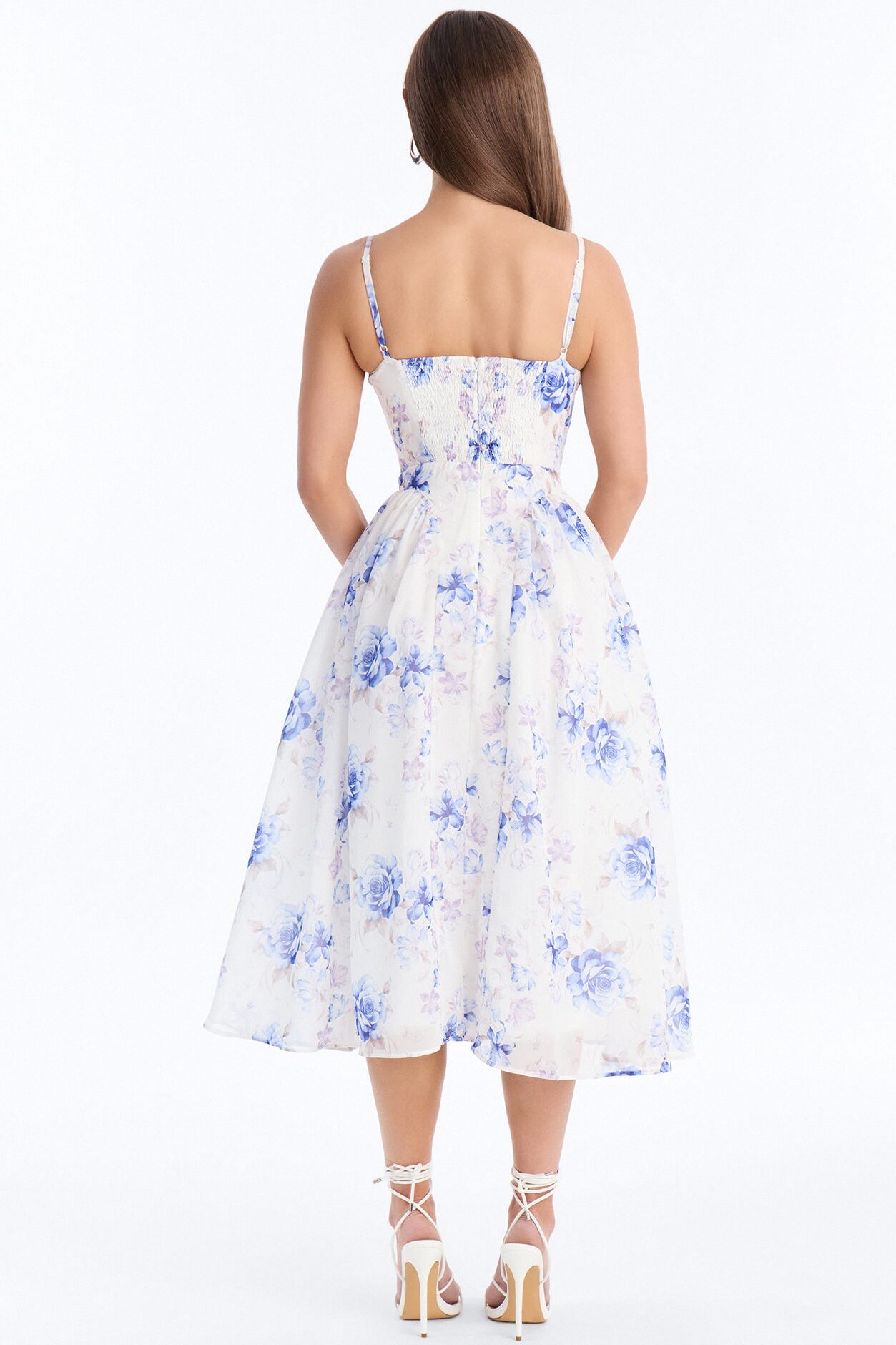 Ariana Floral Chiffon Midi Dress - White/Blue