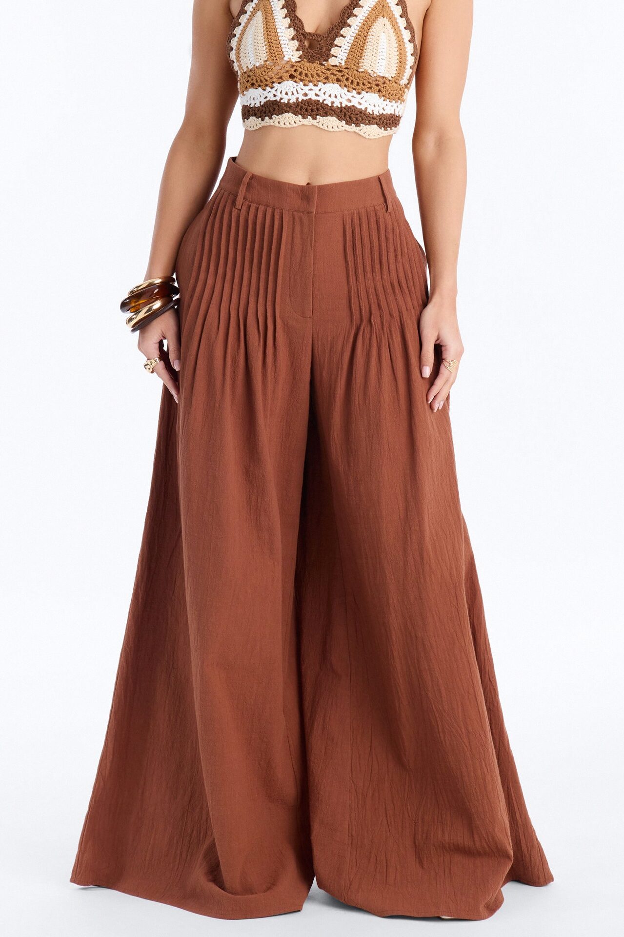 Settled In Pleated Wide Leg Pant 33″ - Brown
