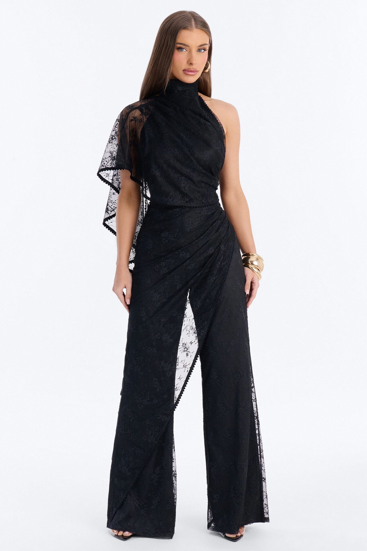 Tayla Draped Lace Wide Leg Jumpsuit - Black