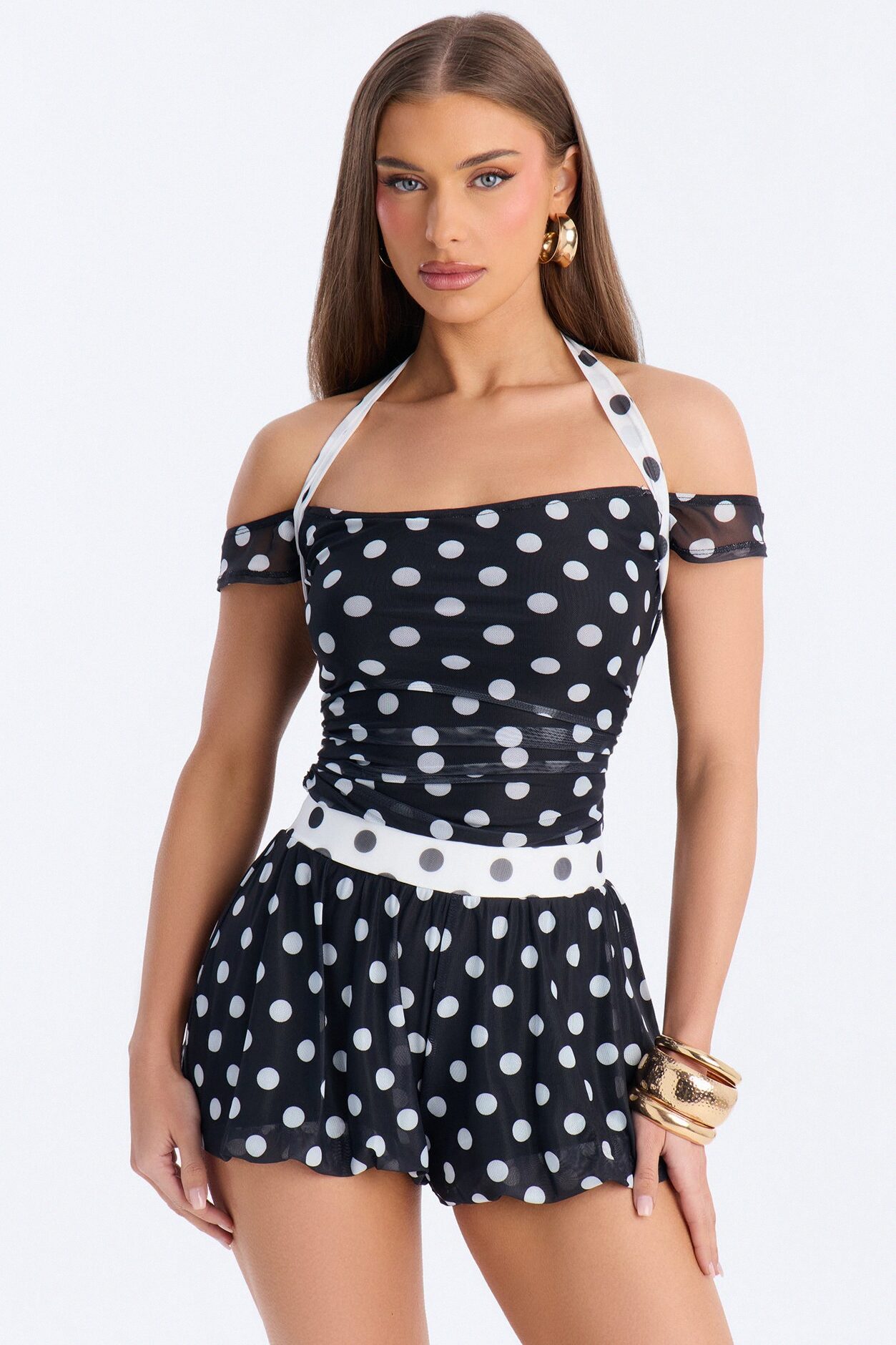 Gracie Polka Dot Mesh Romper - Black/White