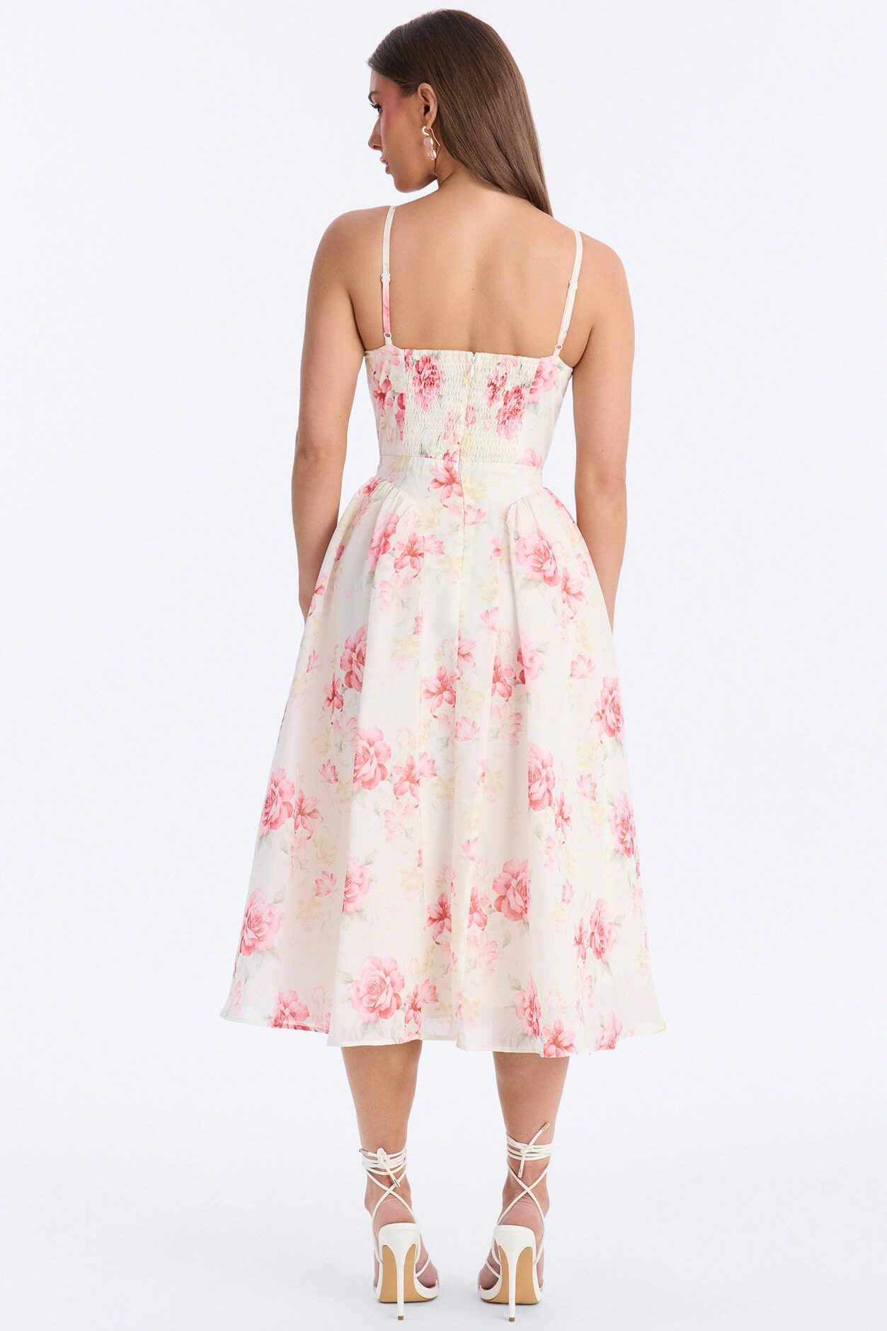 Ariana Floral Chiffon Midi Dress - White/Pink