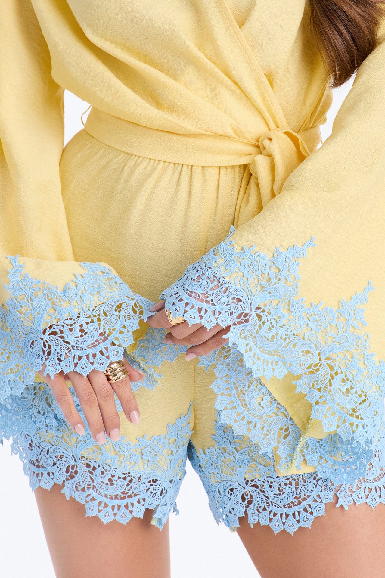 Cherie Lace Trim Tie Waist Romper - Butter Yellow