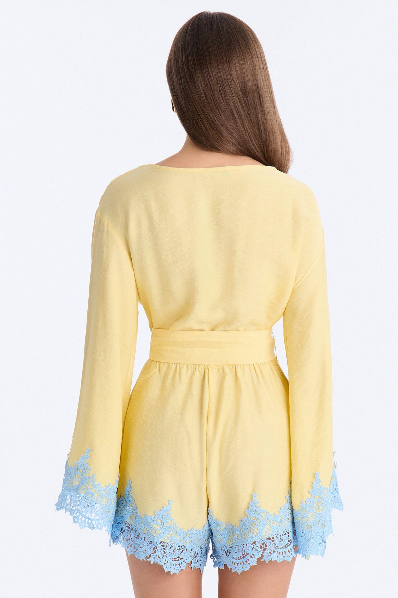 Cherie Lace Trim Tie Waist Romper - Butter Yellow