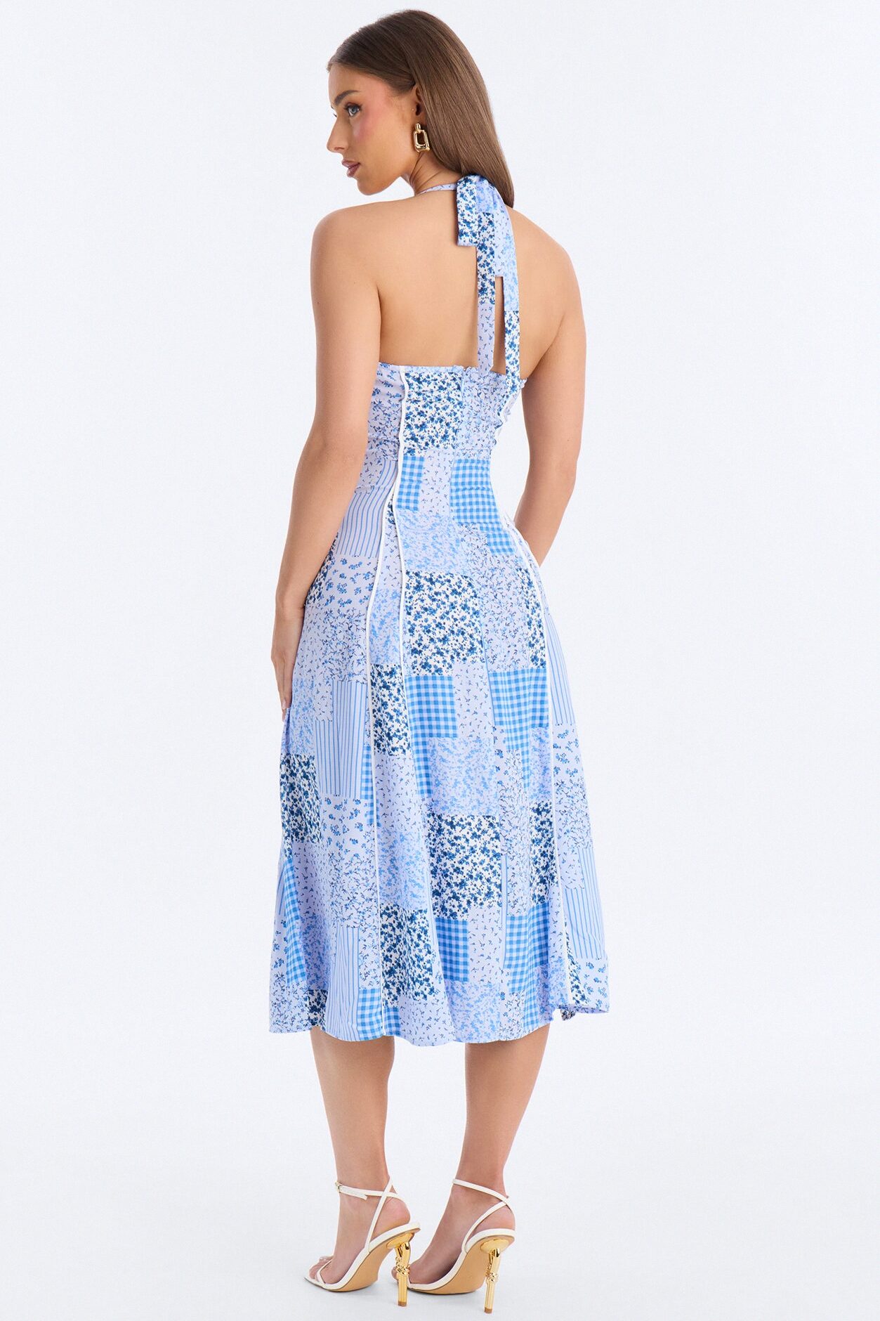 Henley Halter Patchwork Midi Dress - Blue