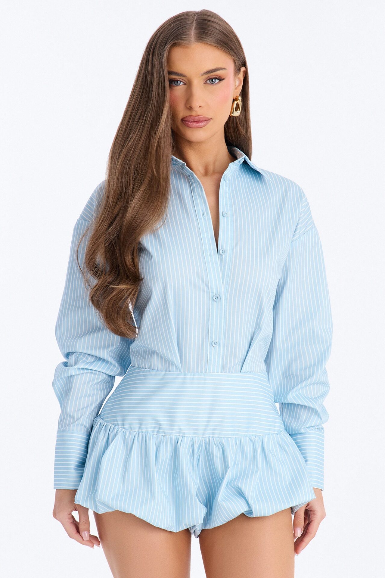 Summer Pinstripe Poplin Rompers - Blue