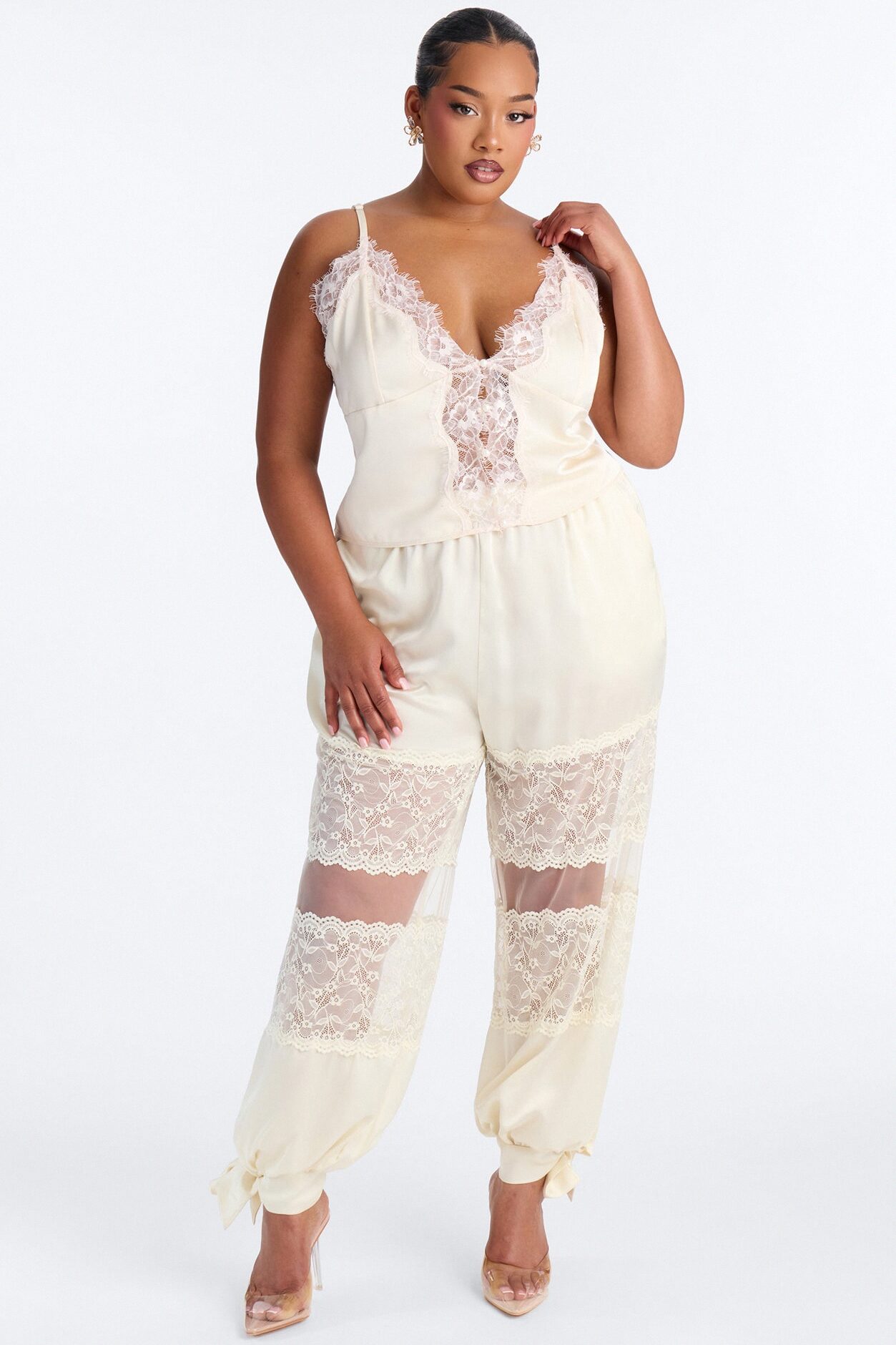 Vintage Muse Lace Trim Satin Cami Top - Cream/combo