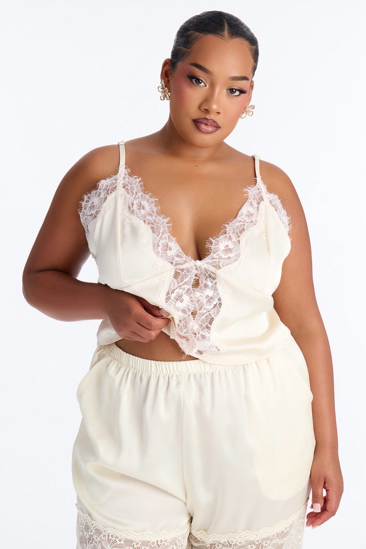 Vintage Muse Lace Trim Satin Cami Top - Cream/combo
