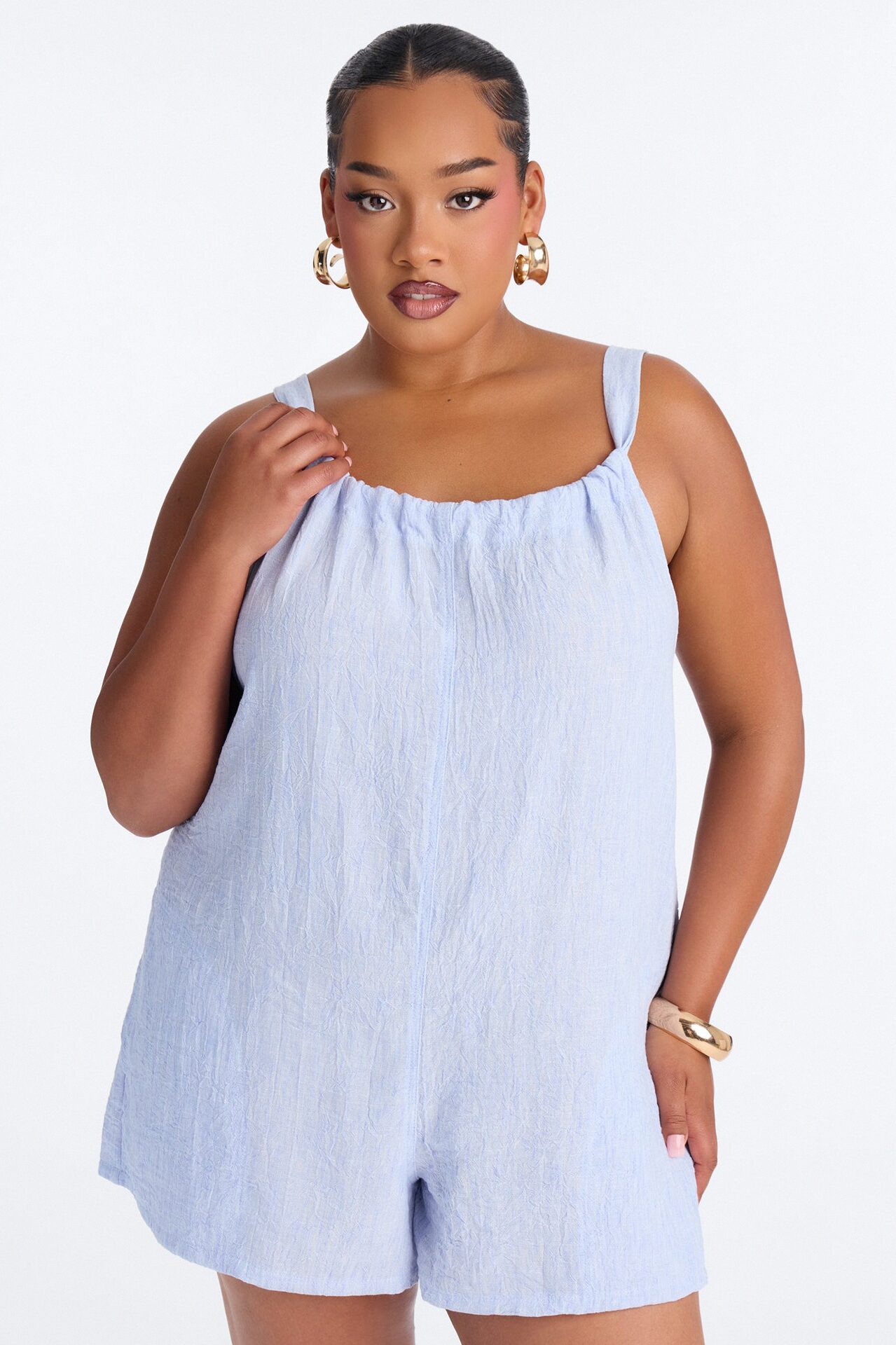 Jeanie Flowy Linen Romper - Blue