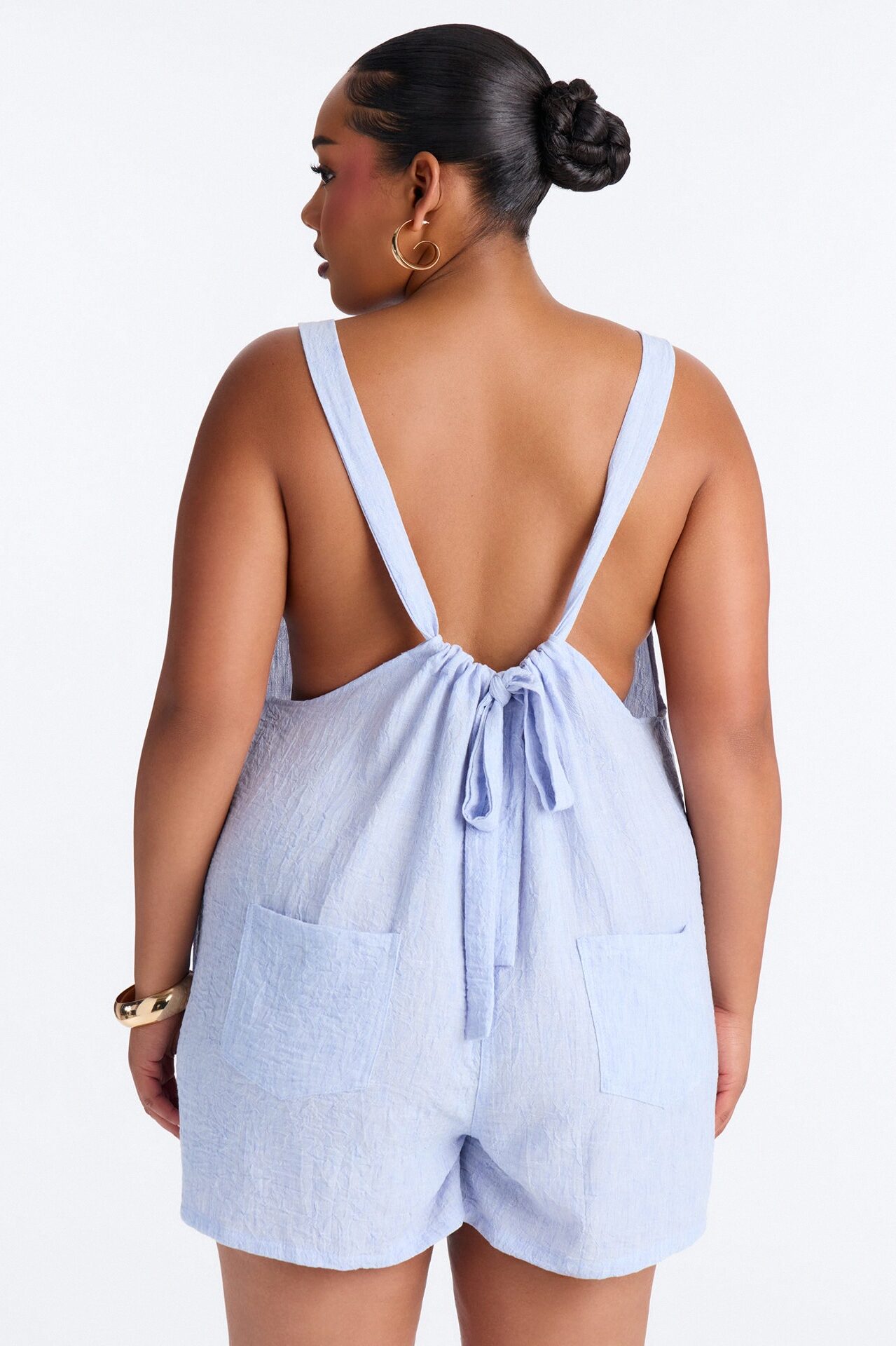 Jeanie Flowy Linen Romper - Blue