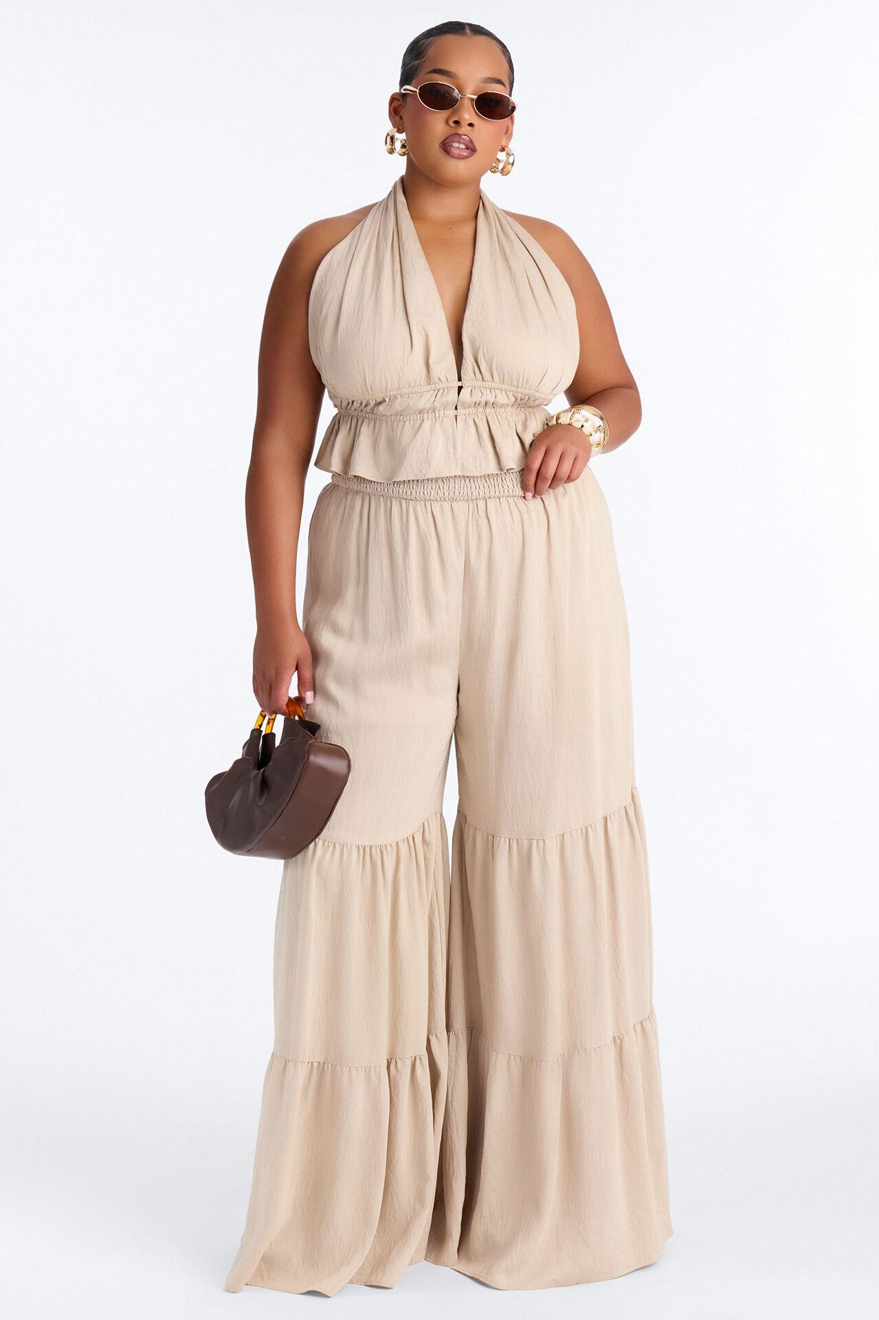 Jaysa Linen Halter Tiered Pant Set - Taupe