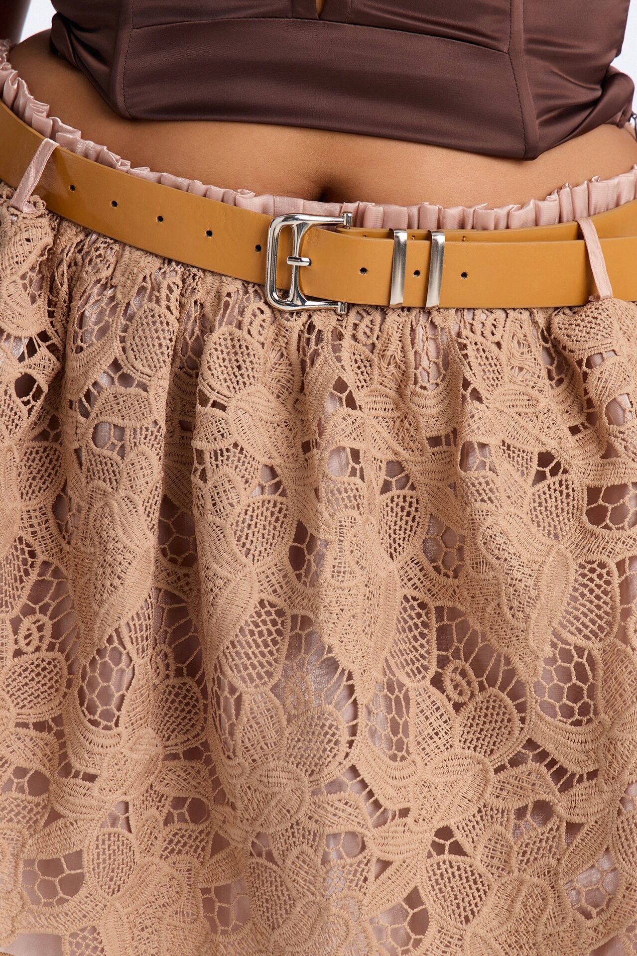 Delvina Lace Belted Mini Skirt - Beige