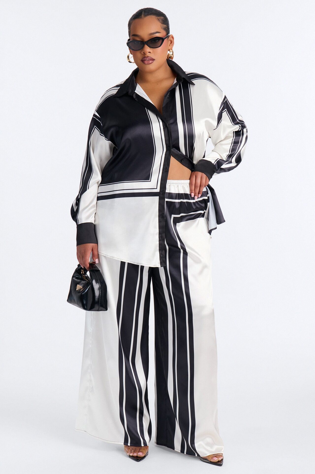 Amara Geometric Satin Pant Set - Black/White