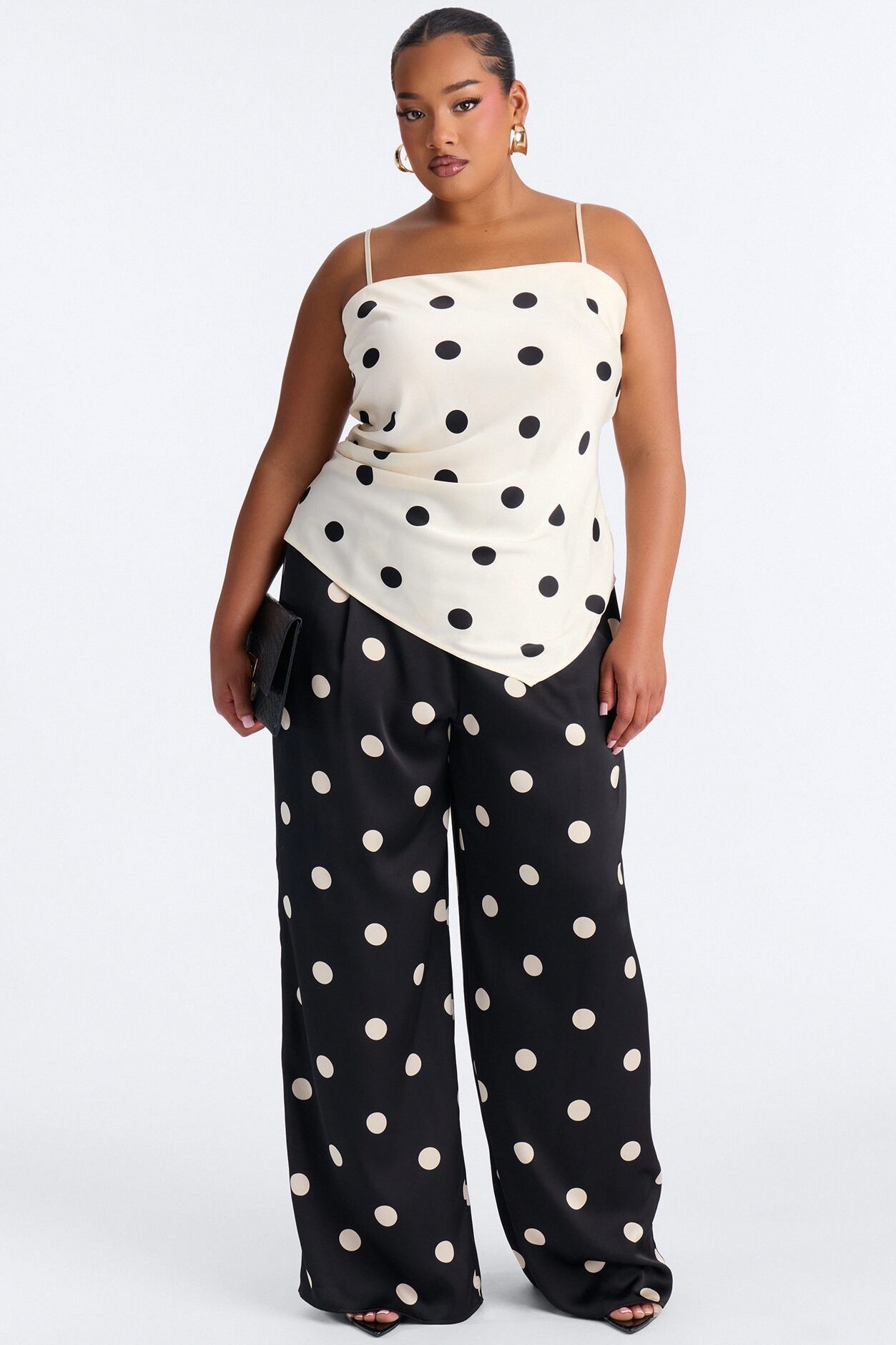 On The Dot Satin Pant Set - Black/White