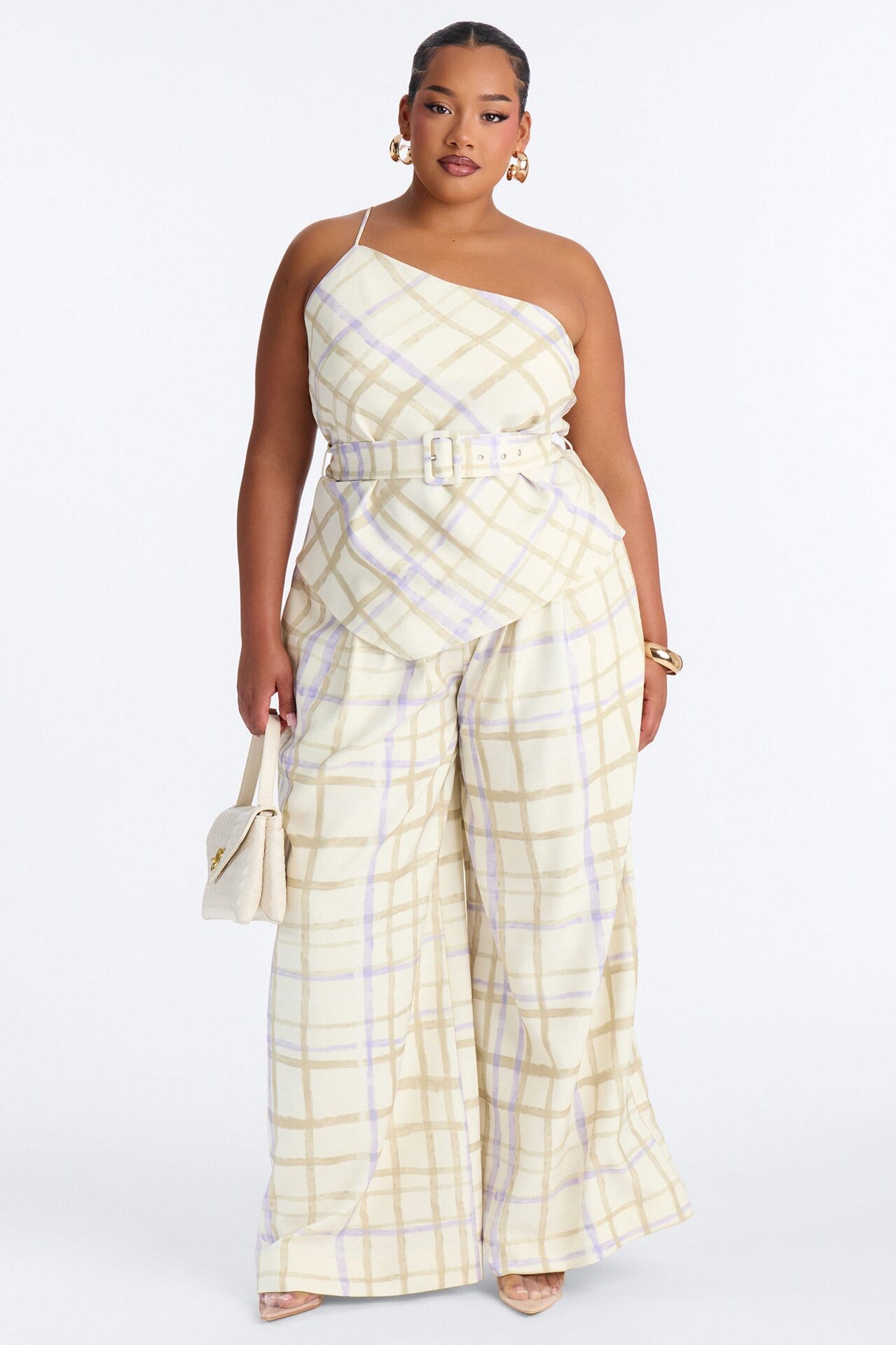 Jordan One Shoulder Belted Plaid Pant Set - Cream/combo