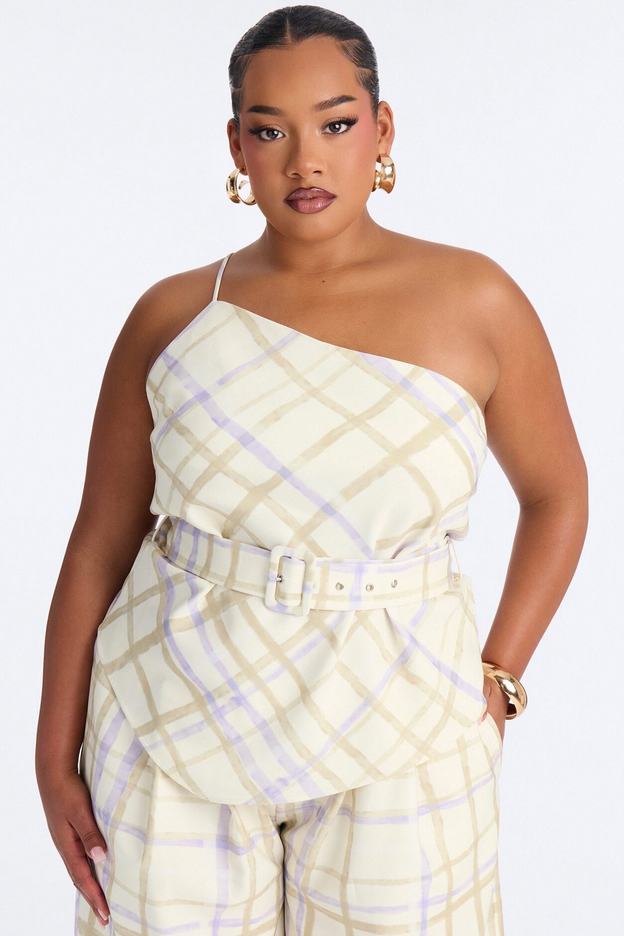 Jordan One Shoulder Belted Plaid Pant Set - Cream/combo
