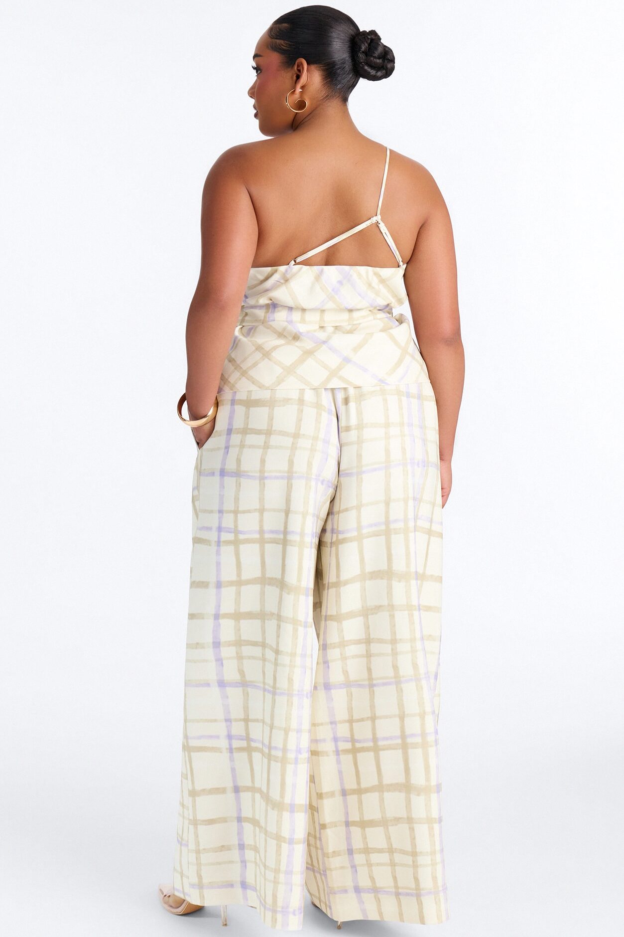Jordan One Shoulder Belted Plaid Pant Set - Cream/combo