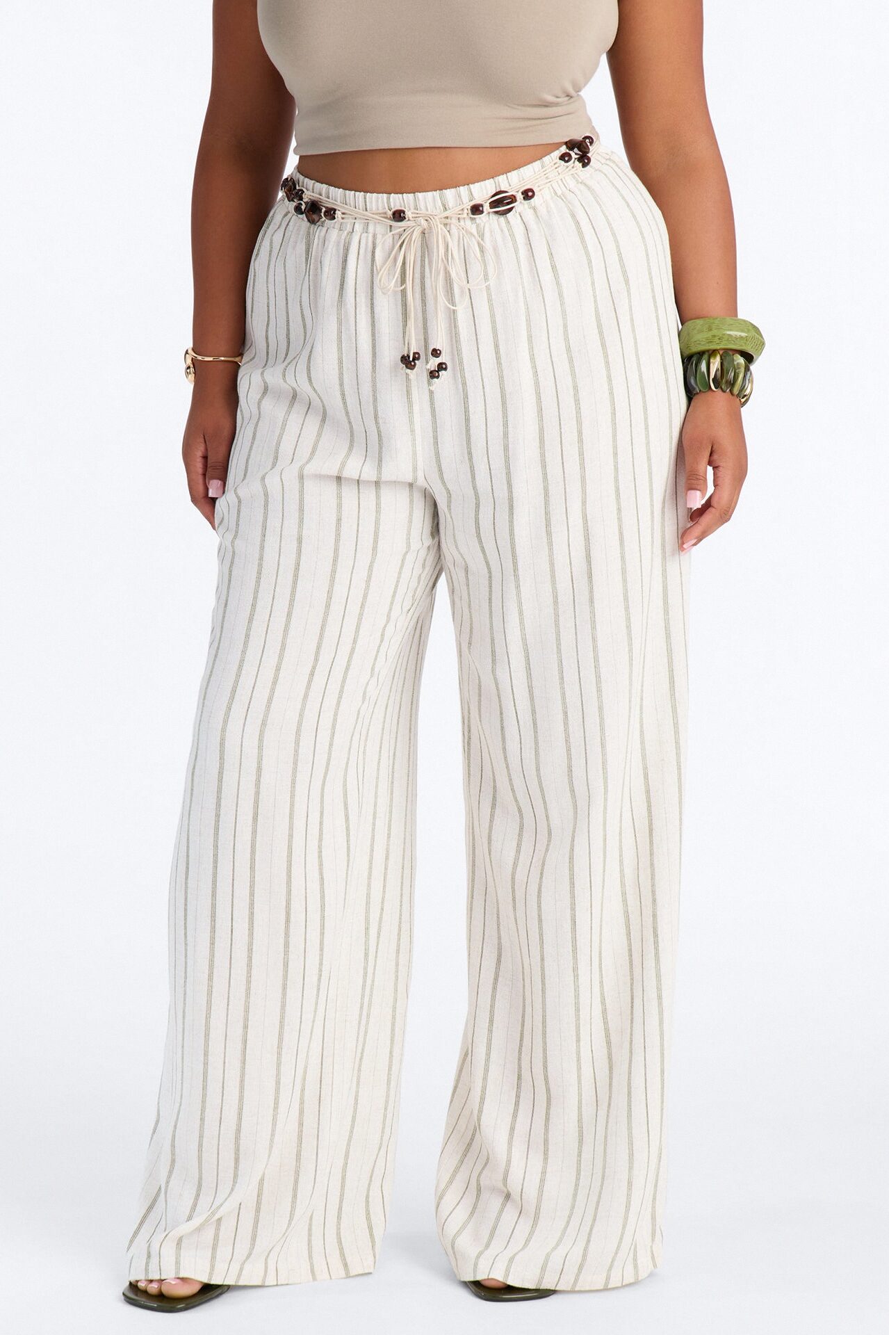 Lane Low Rise Linen Belted Pant - Green/combo