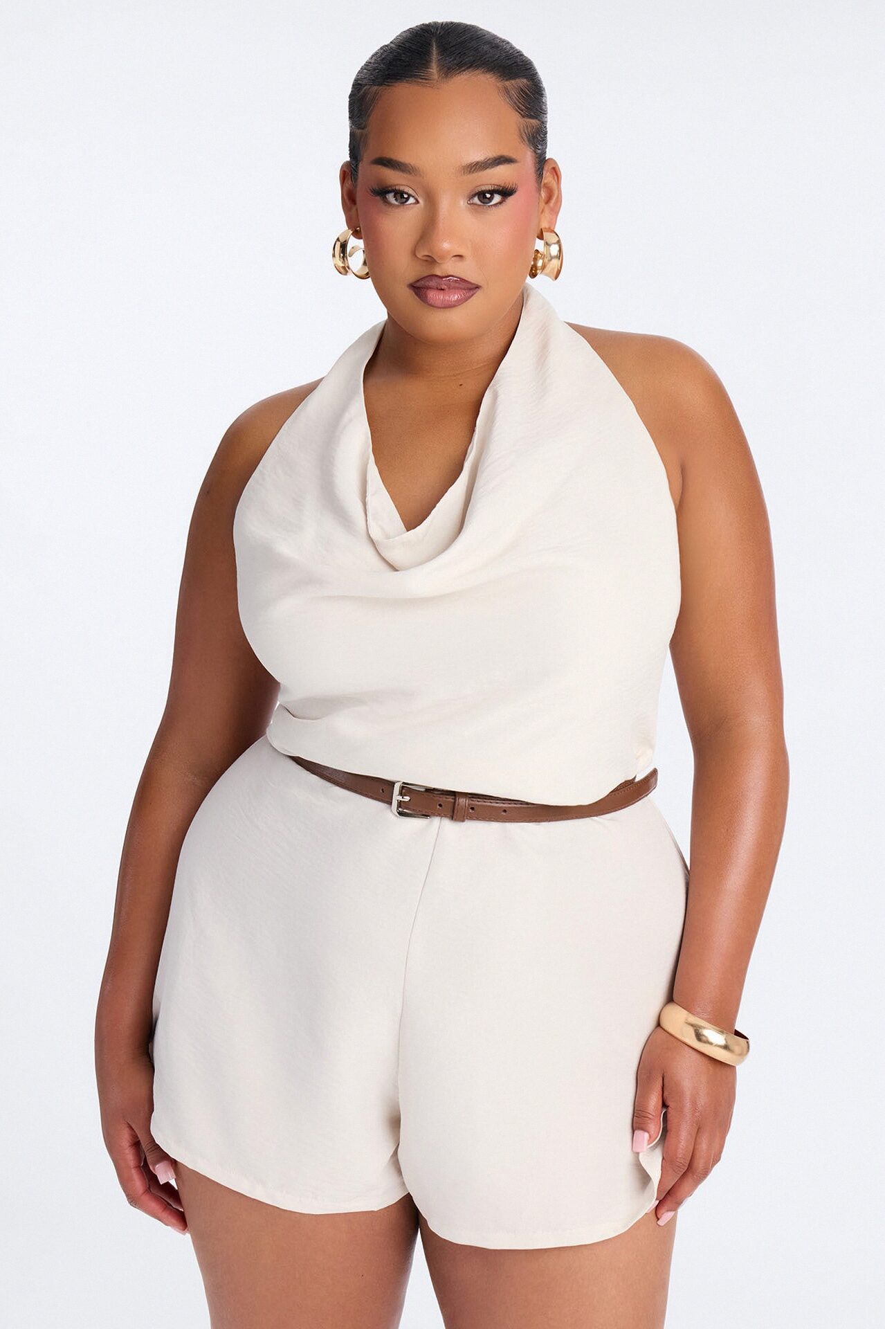 Talia Cowl Belted Micro Romper - Off White