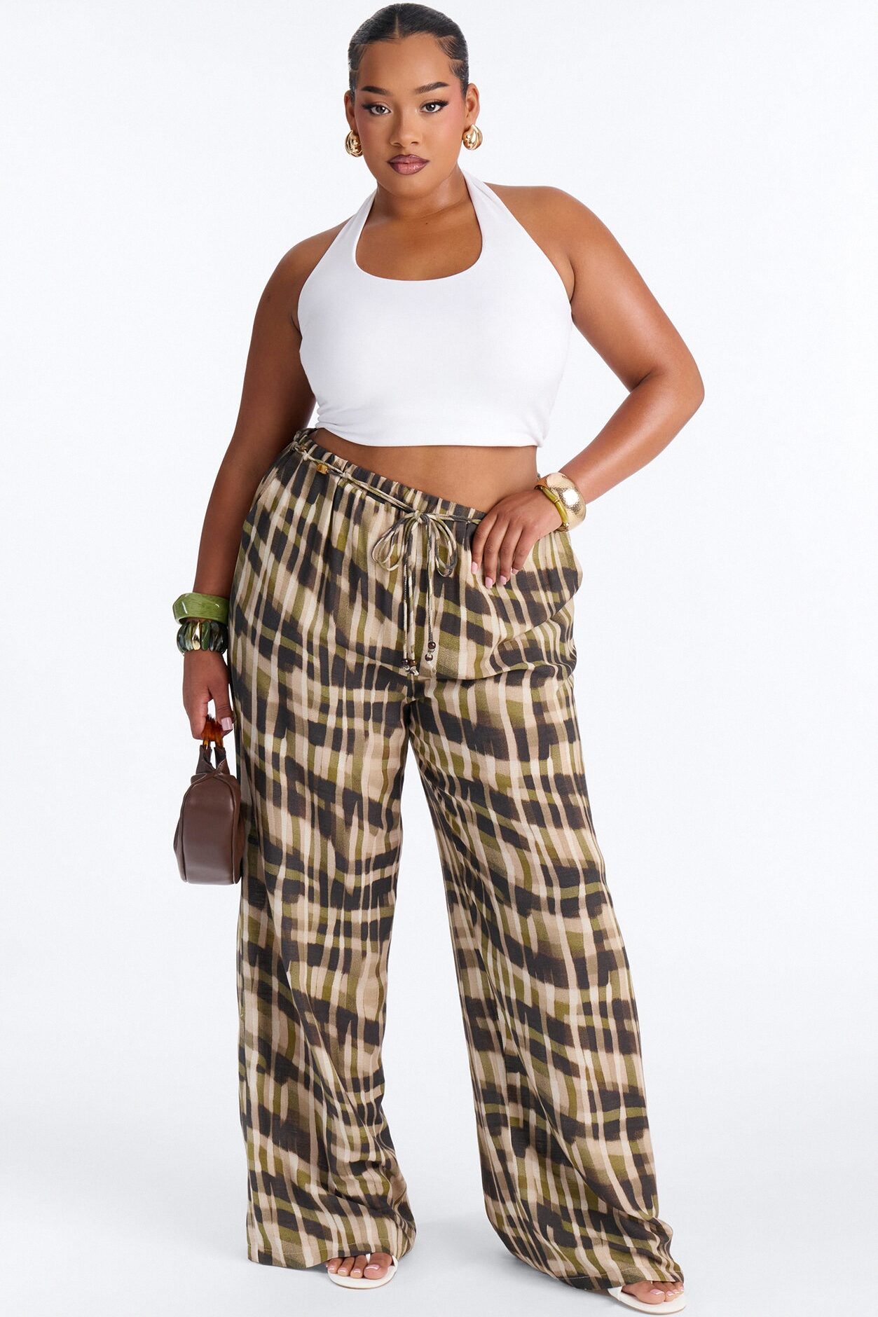 Angelica Belted Wide Leg Pant - Olive/combo