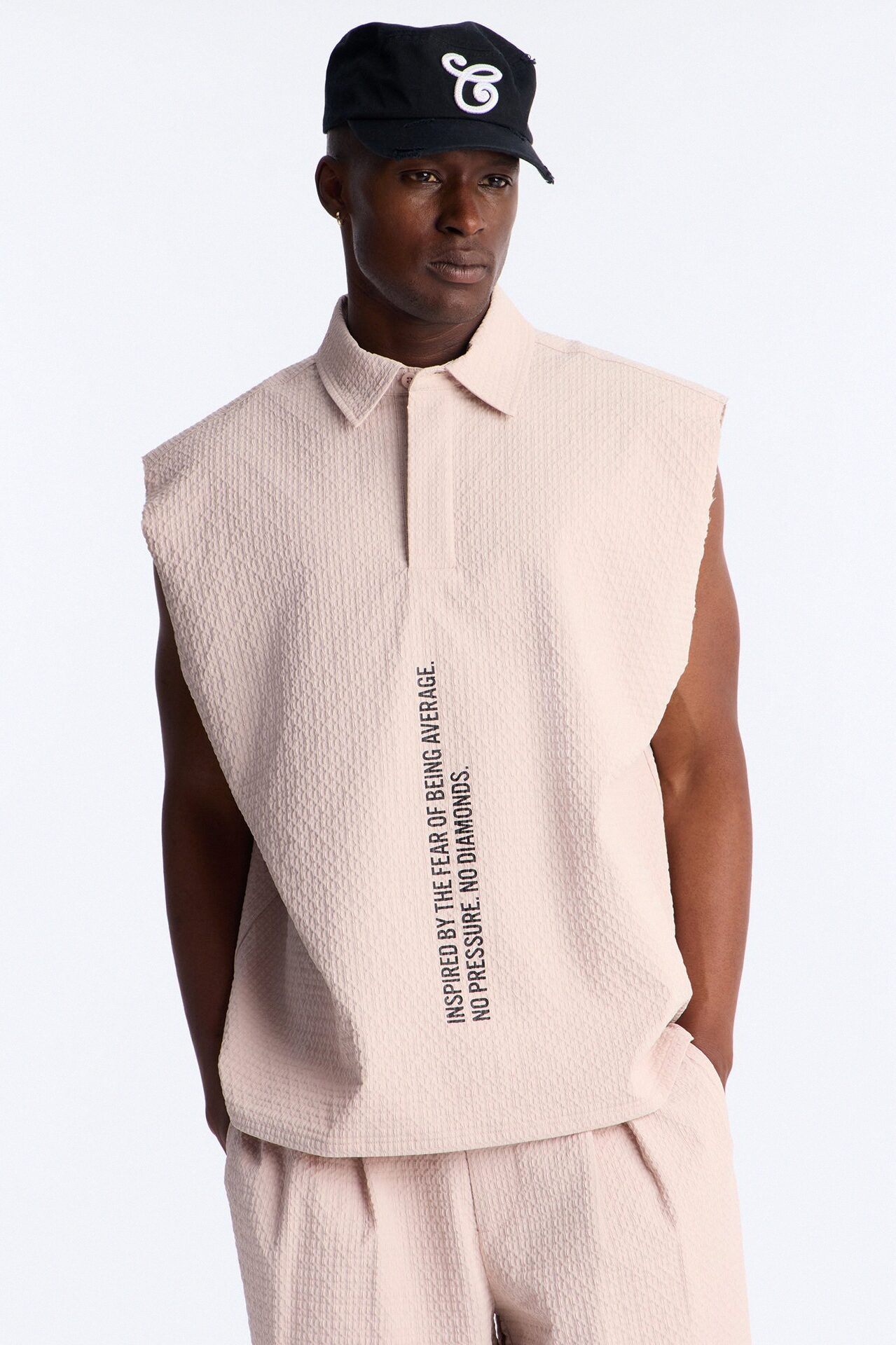 Oversized Inspired By Fear Seersucker Muscle Polo - Light Pink