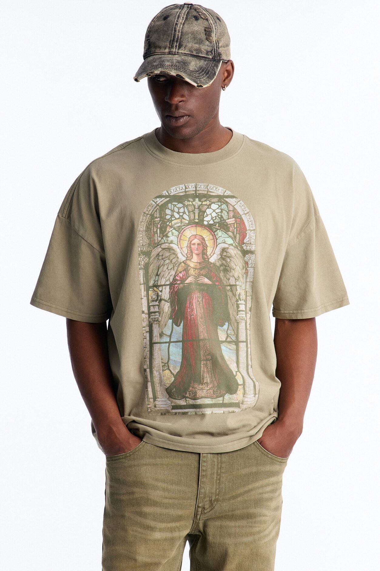 Saint Stained Colored Glass Vintage Oversized Short Sleeve Tee - Olive