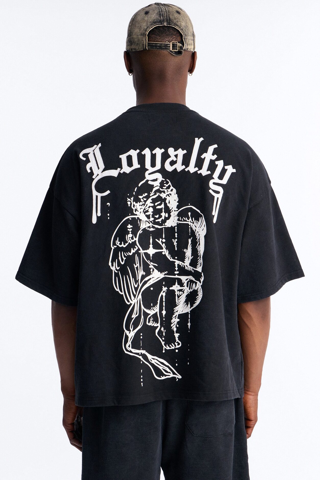 Anti Social Cherub Embroidered Oversized French Terry Tee - Black Wash
