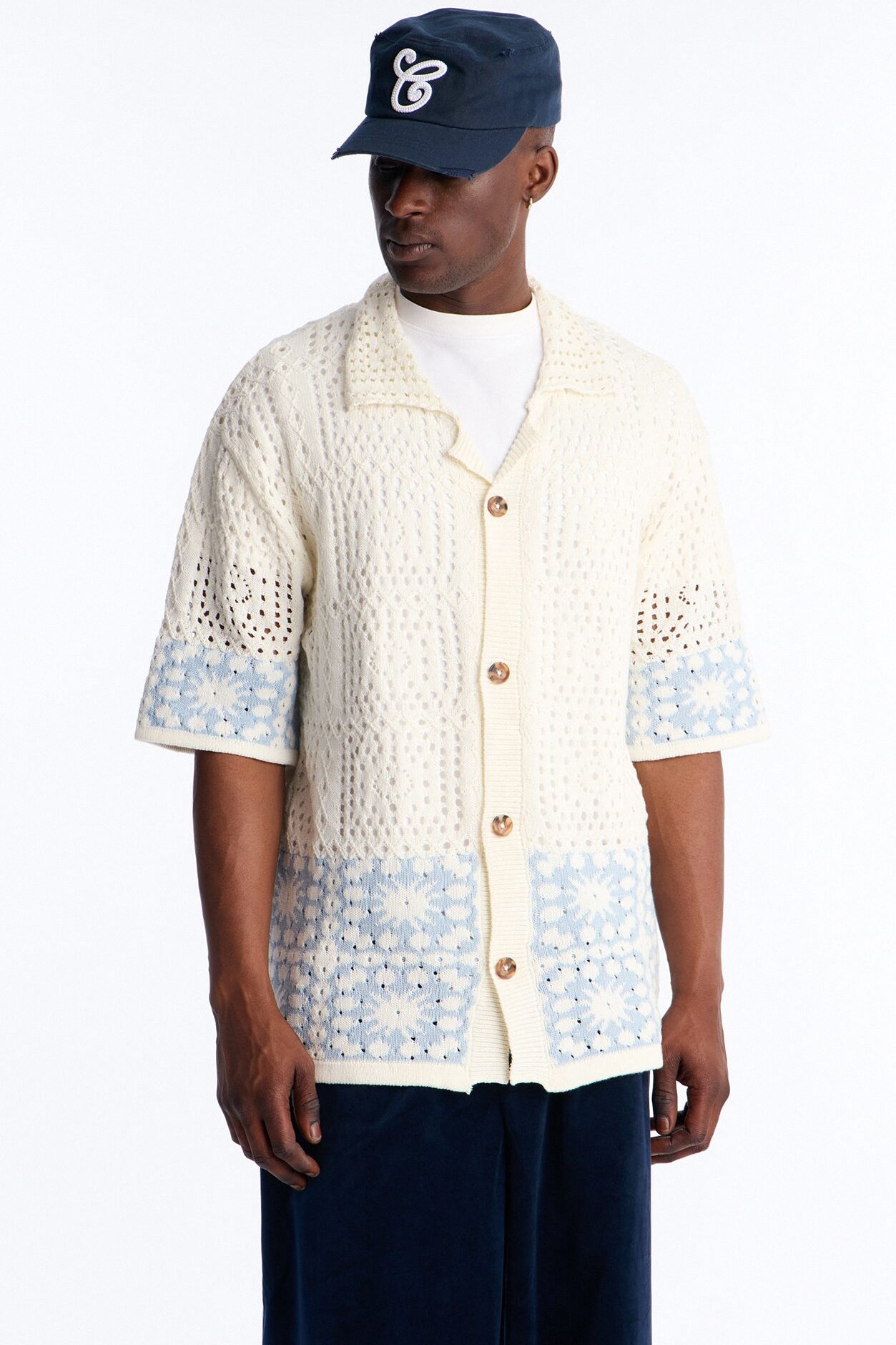 Relaxed Sunstage Crochet Cuban Collar Button Up Shirt - Light Blue