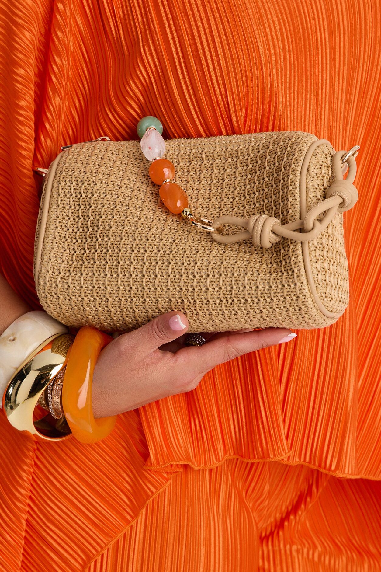 Sand And Sea Straw Jeweled Shoulder Handbag - Tan