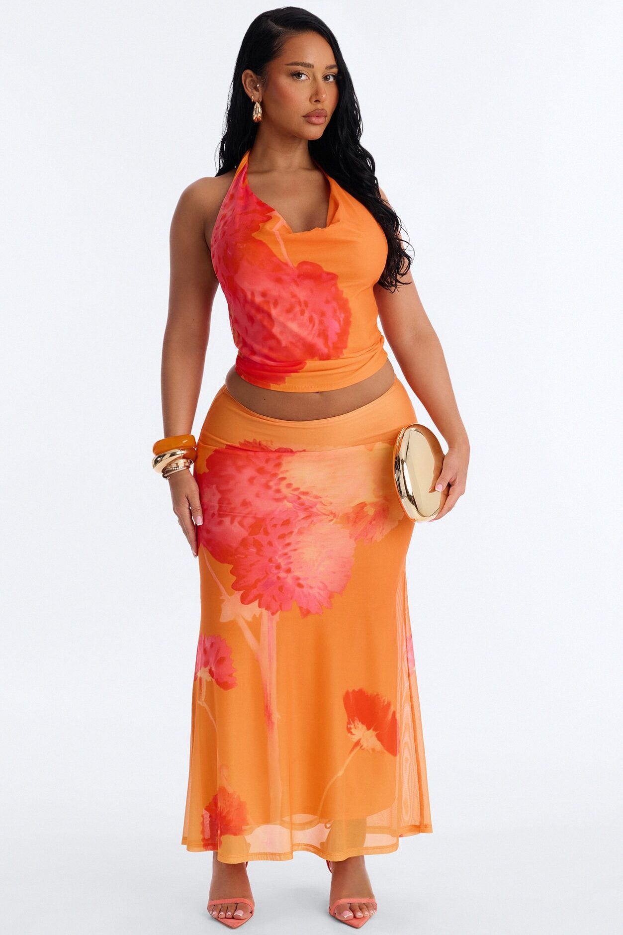 Sunset Petals Halter Mesh Maxi Skirt Set - Orange