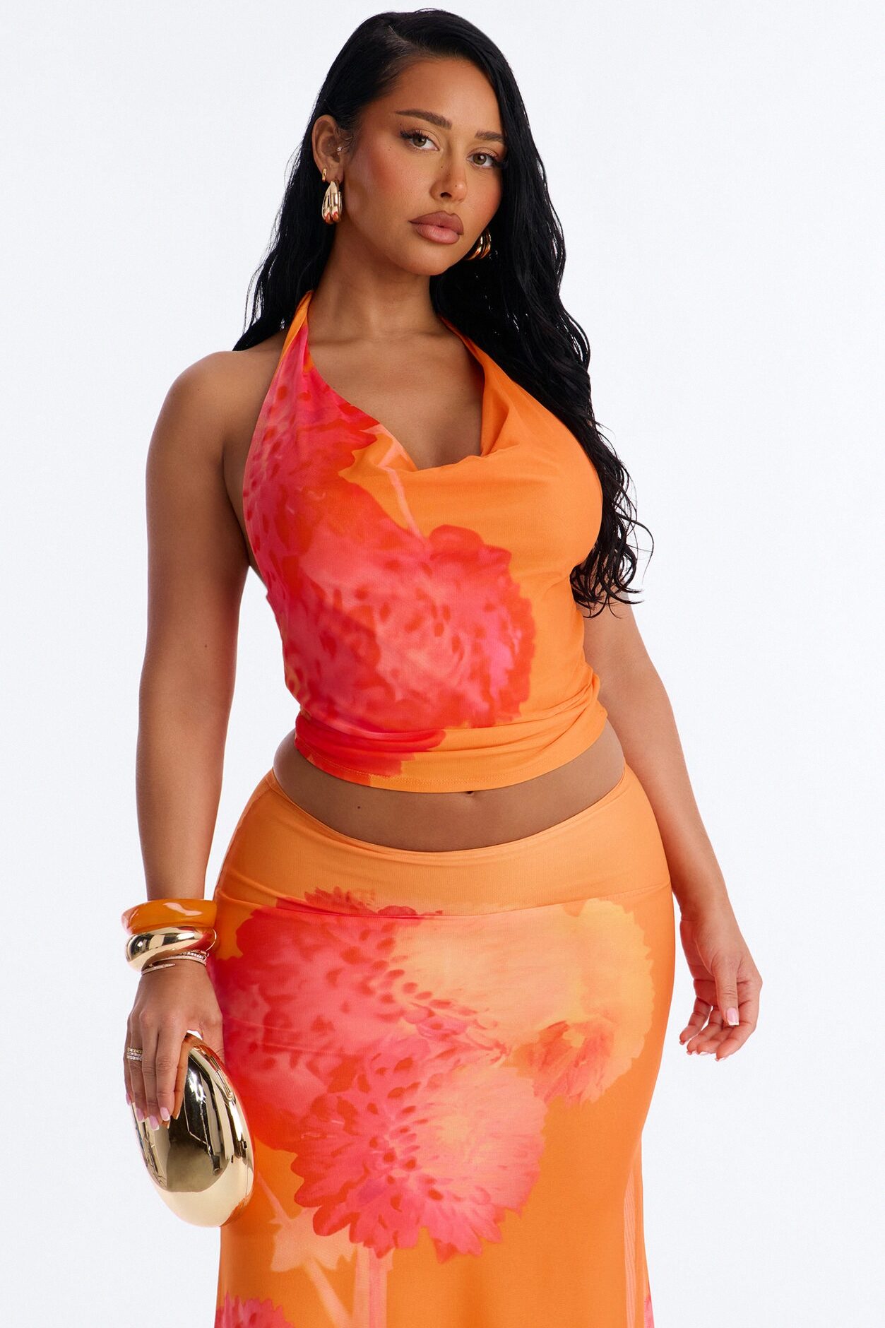 Sunset Petals Halter Mesh Maxi Skirt Set - Orange