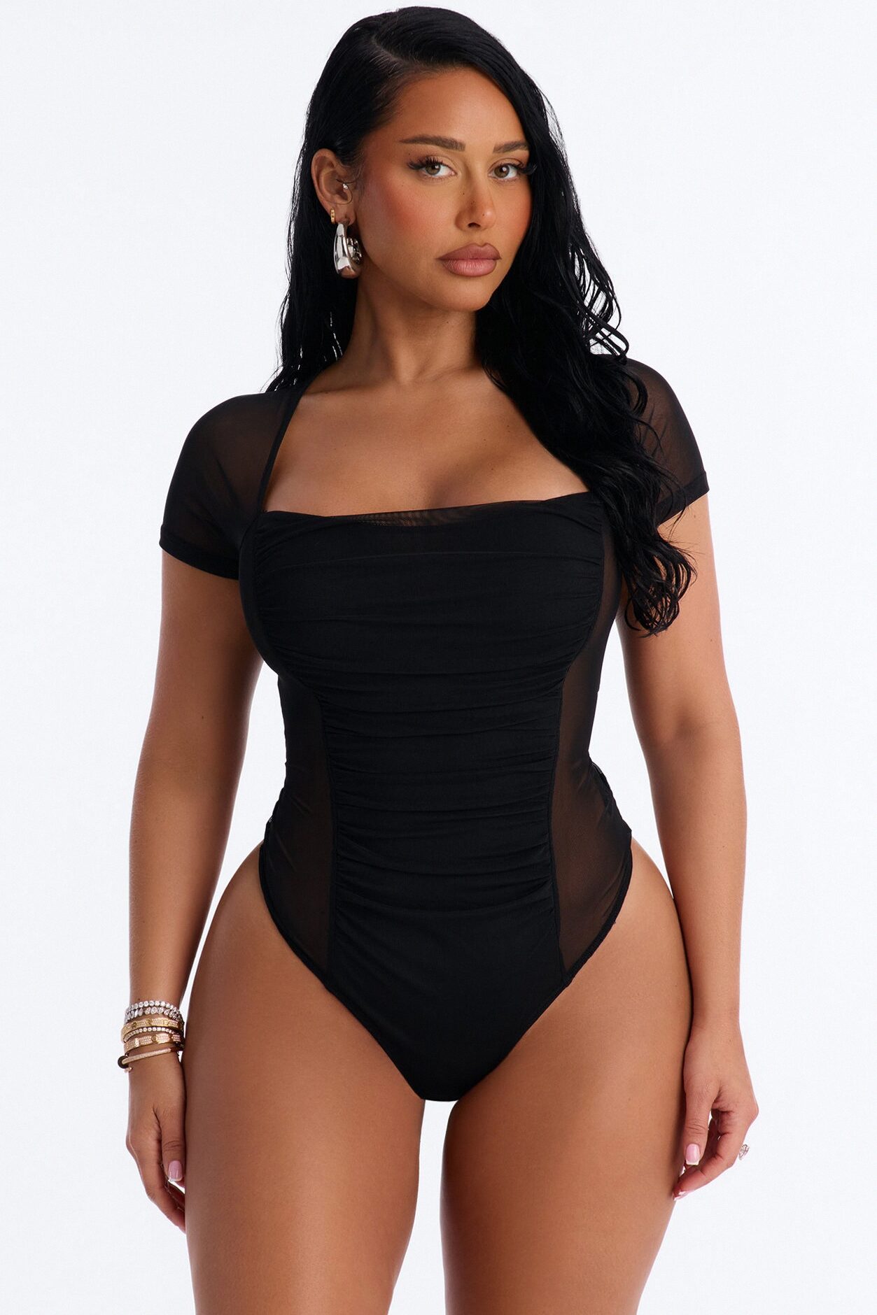Lilly Ruched Sheer Mesh Short Sleeve Bodysuit - Black