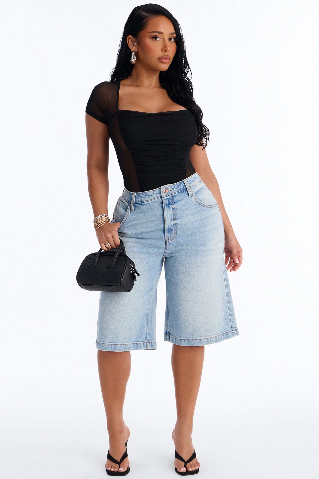 Lilly Ruched Sheer Mesh Short Sleeve Bodysuit - Black