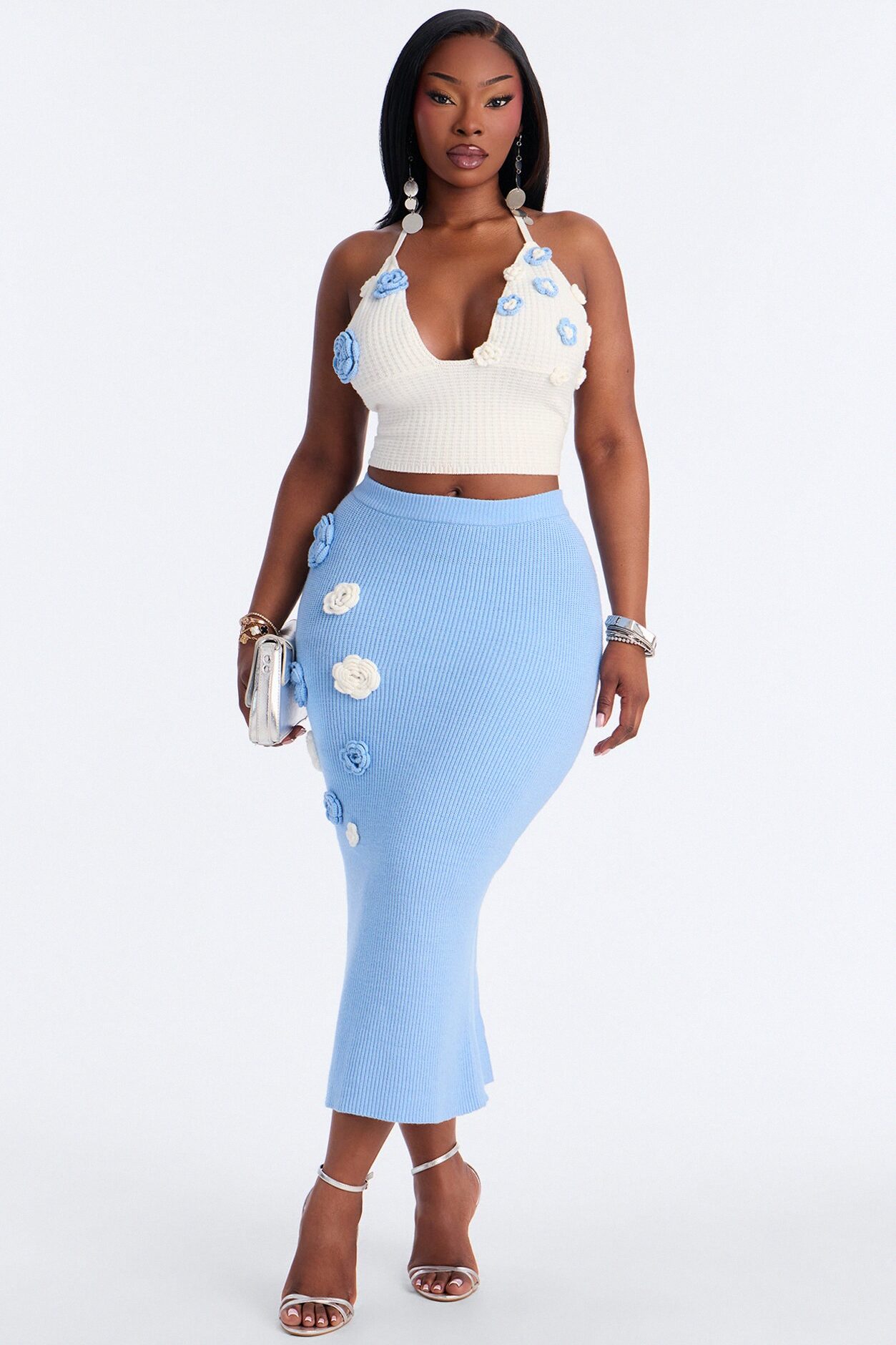 Mae Flower Sweater Midi Skirt Set - Light Blue