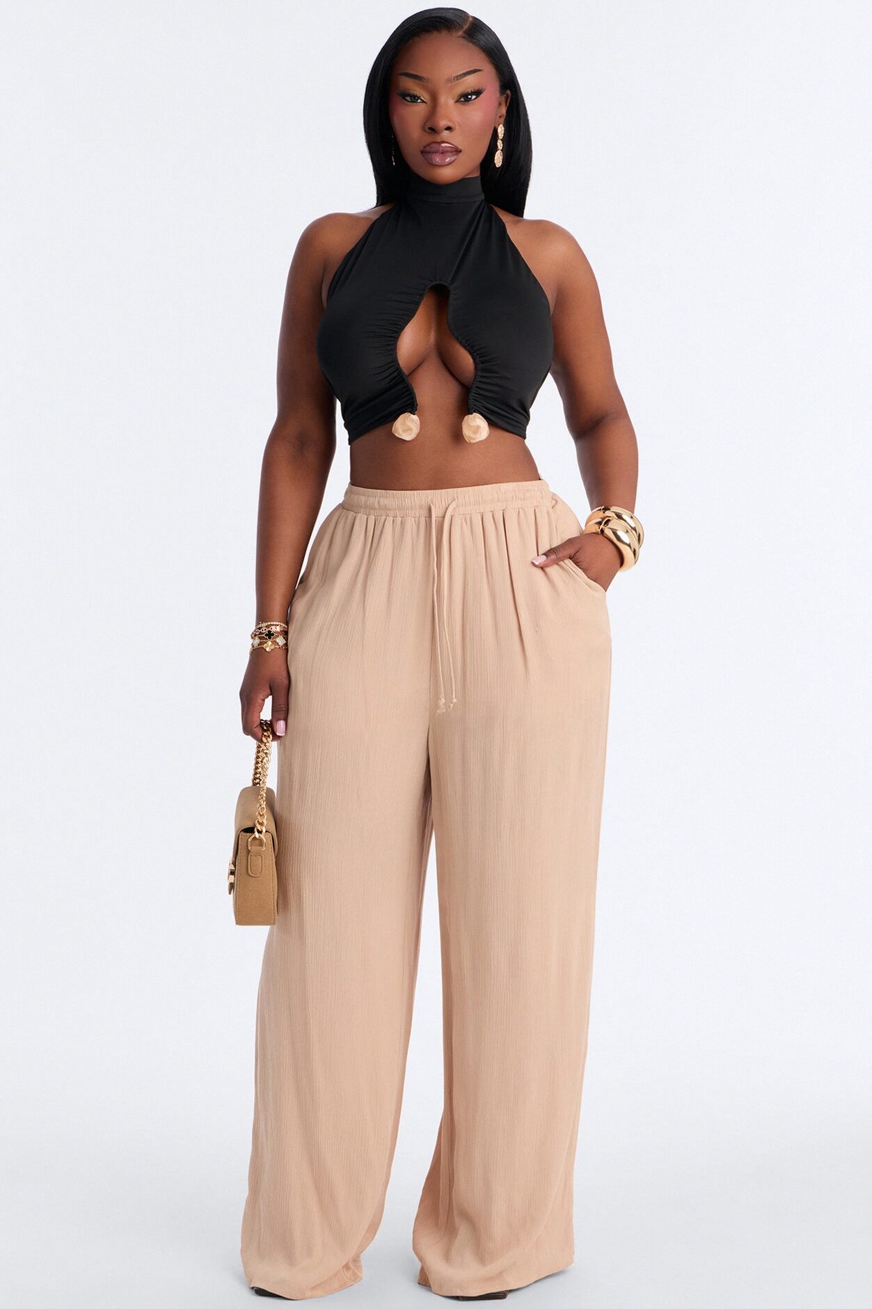 Bora Bora Stone Mock Neck Halter Top - Black