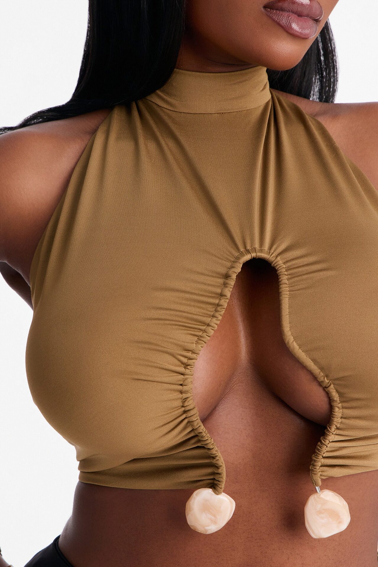 Bora Bora Stone Mock Neck Halter Top - Olive