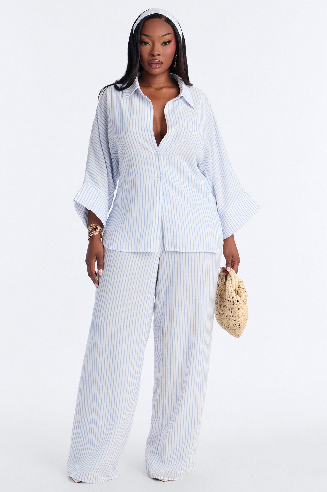 Mara Linen 3 Piece Pinstripe Pant Set - Blue/combo