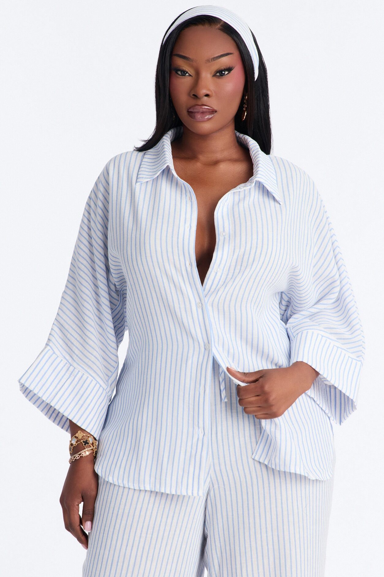 Mara Linen 3 Piece Pinstripe Pant Set - Blue/combo