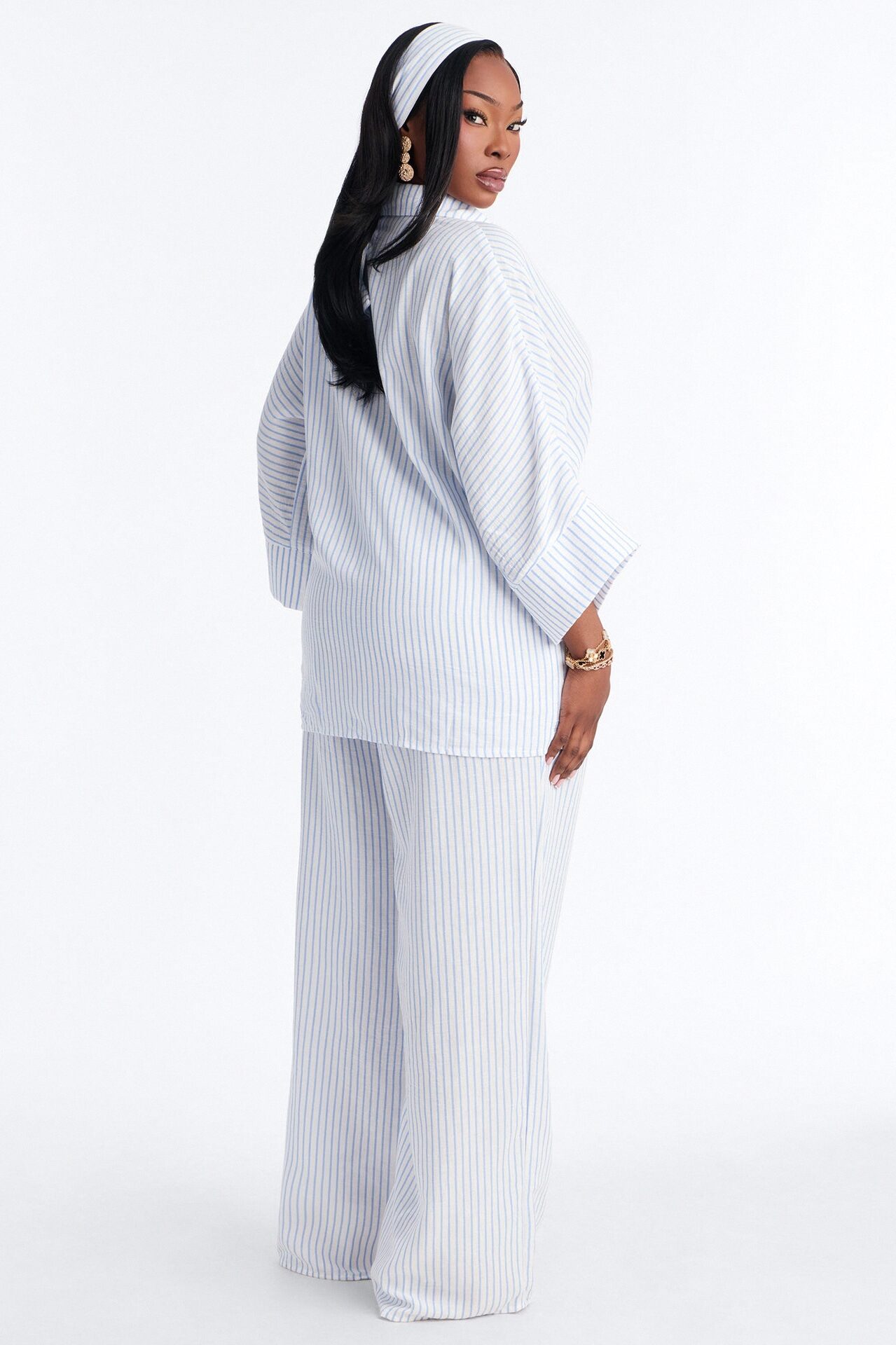 Mara Linen 3 Piece Pinstripe Pant Set - Blue/combo