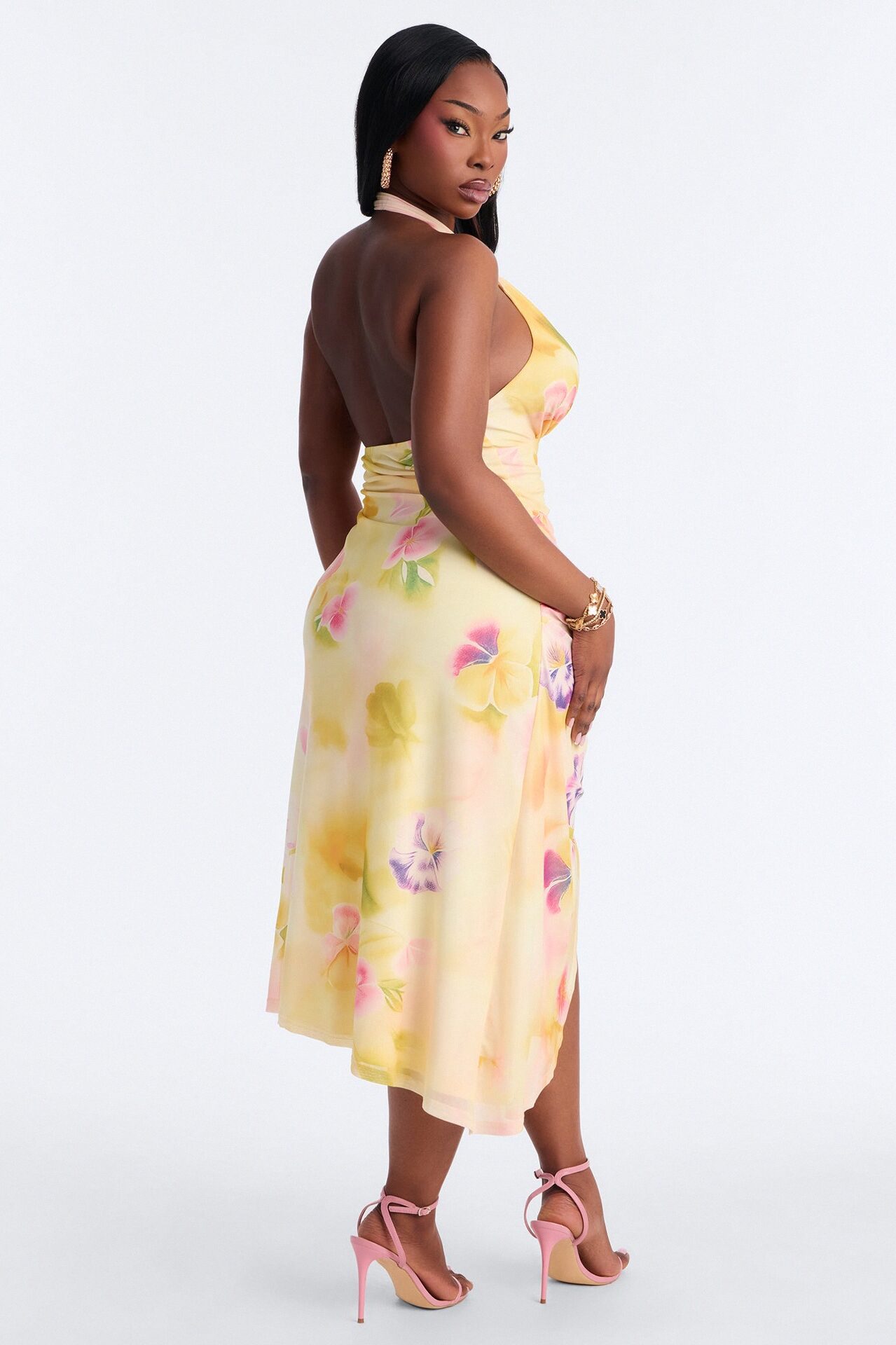 Kaitlin Floral Mesh Midi Dress - Yellow/combo