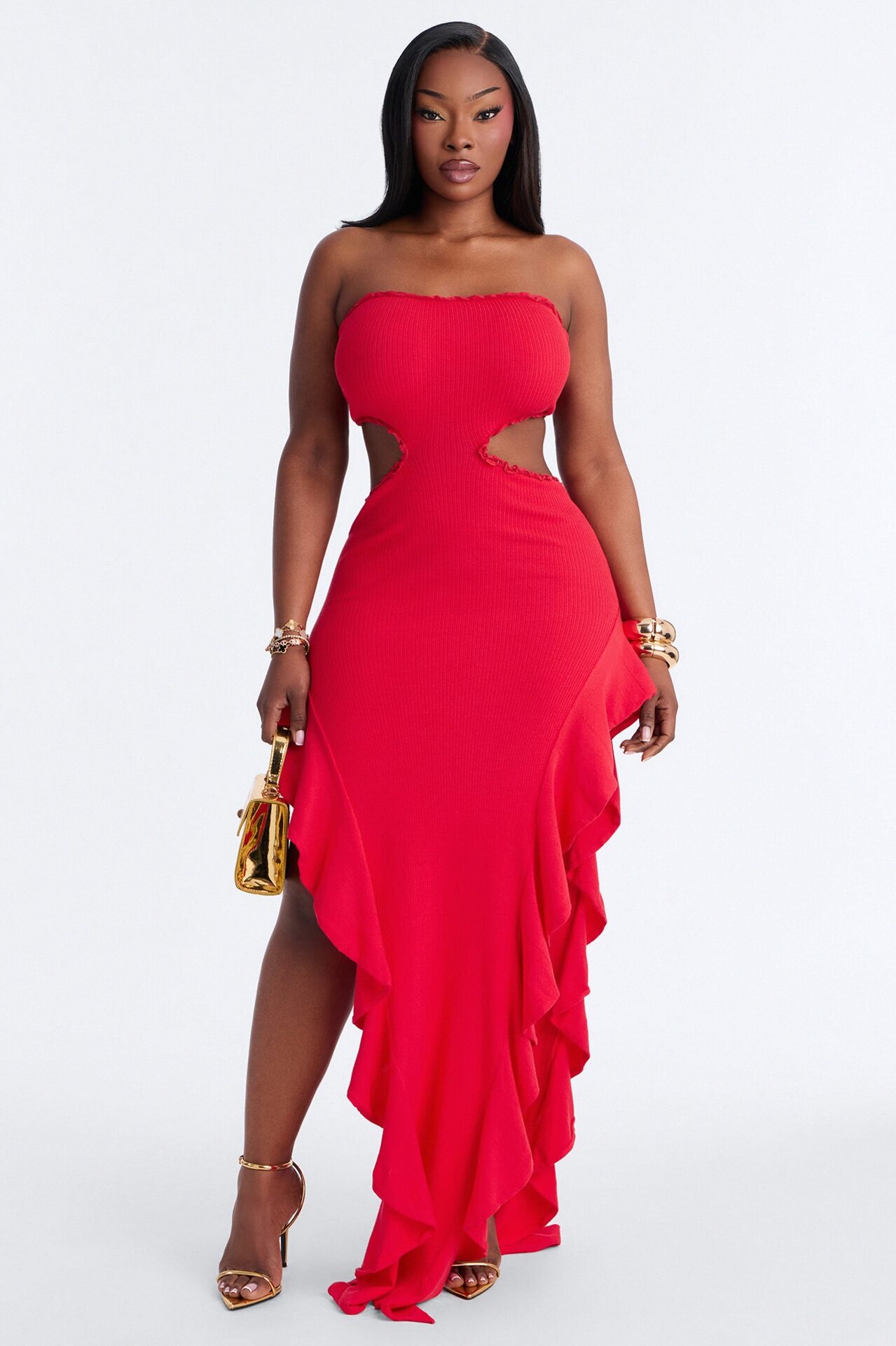 Baddie Behavior Ruffle Ribbed Maxi Dress - Red